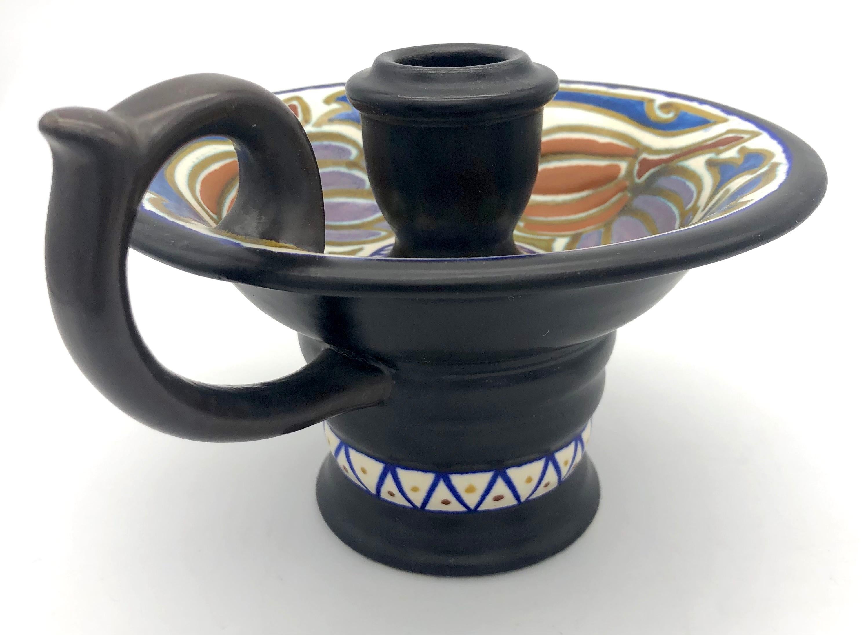 Aesthetic Movement Art Nouveau Gouda Studio Pottery 1913 Candleholder Crokus, Holland For Sale