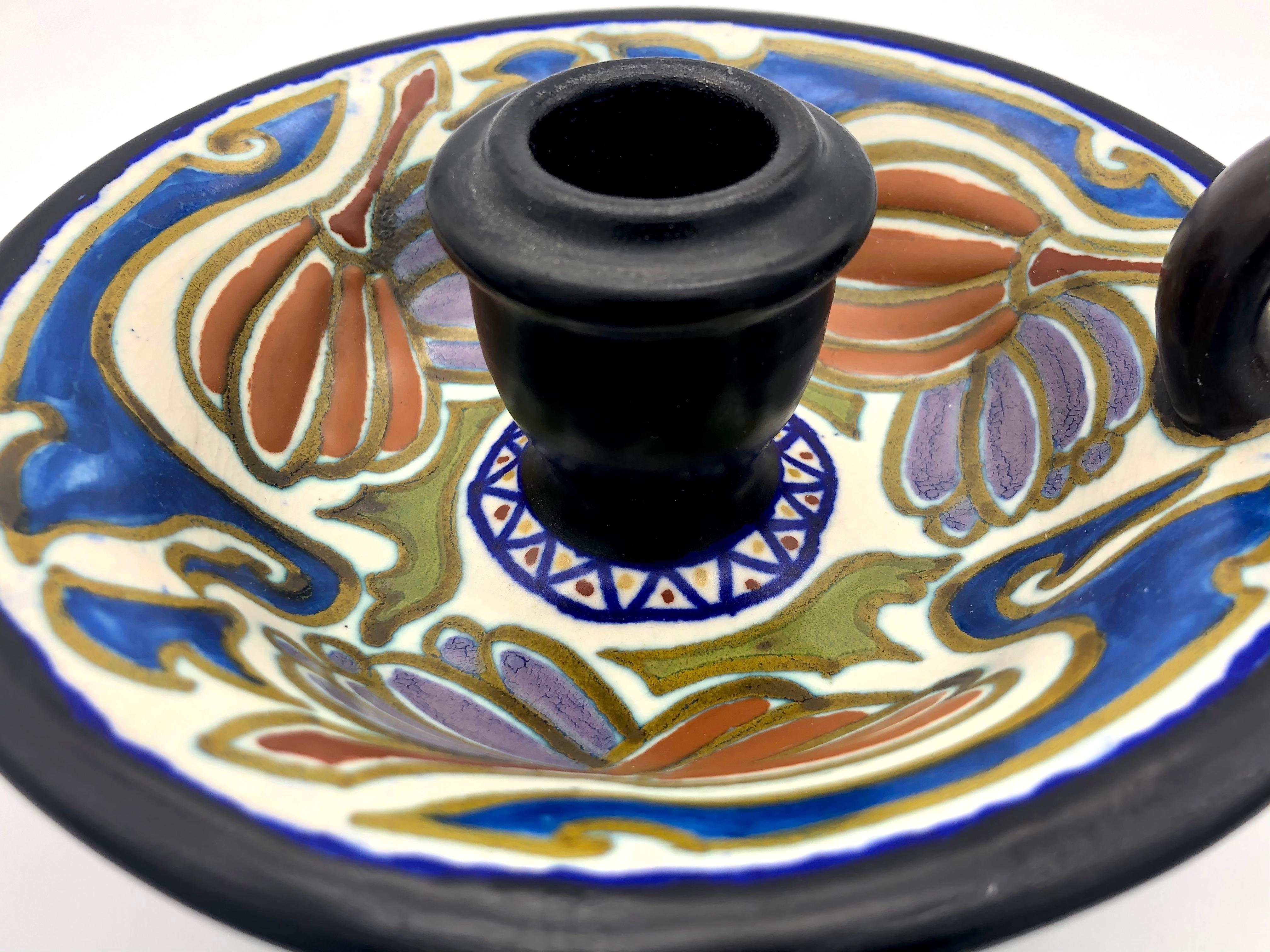 Dutch Art Nouveau Gouda Studio Pottery 1913 Candleholder Crokus, Holland For Sale