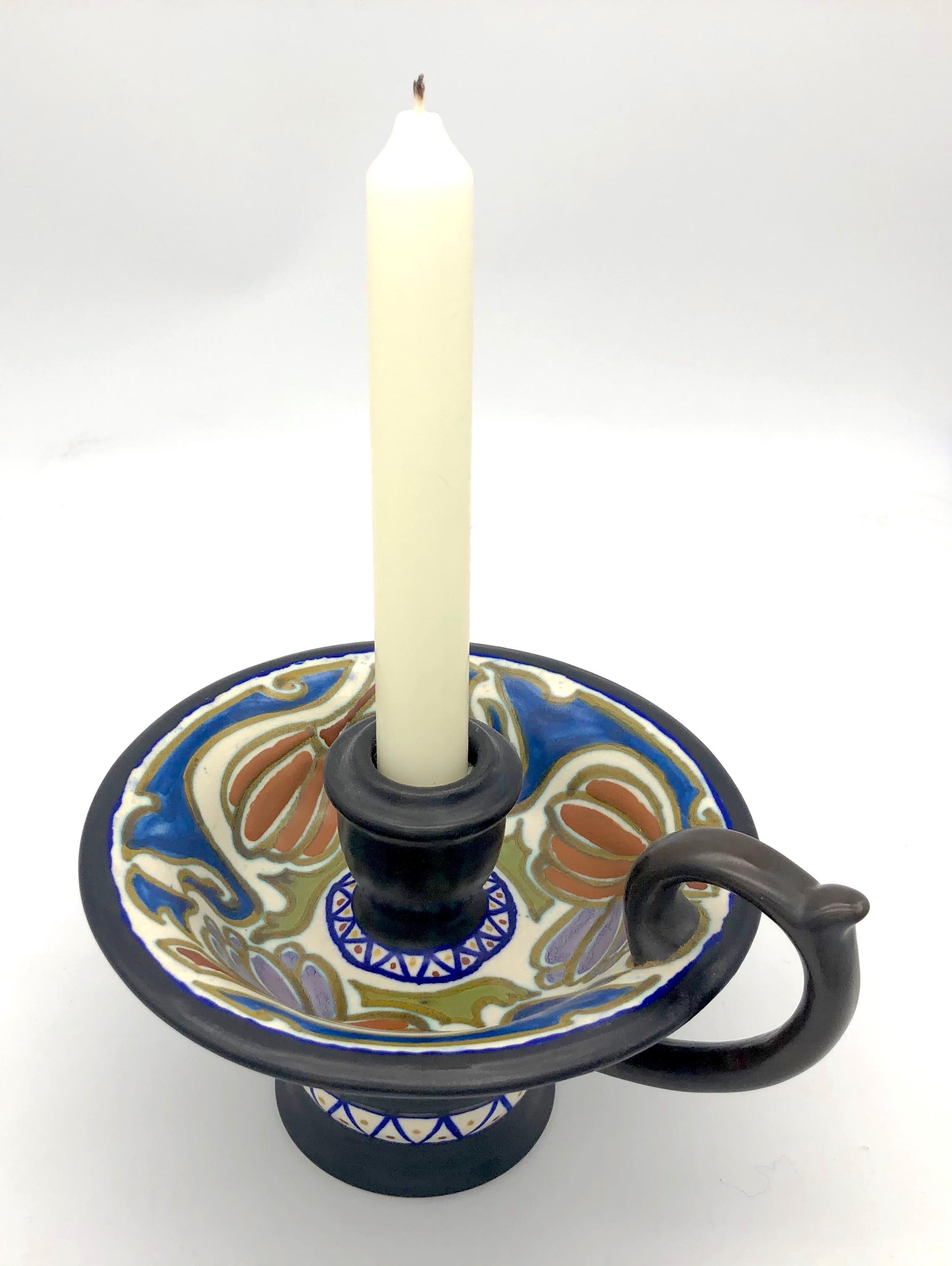 Early 20th Century Art Nouveau Gouda Studio Pottery 1913 Candleholder Crokus, Holland For Sale