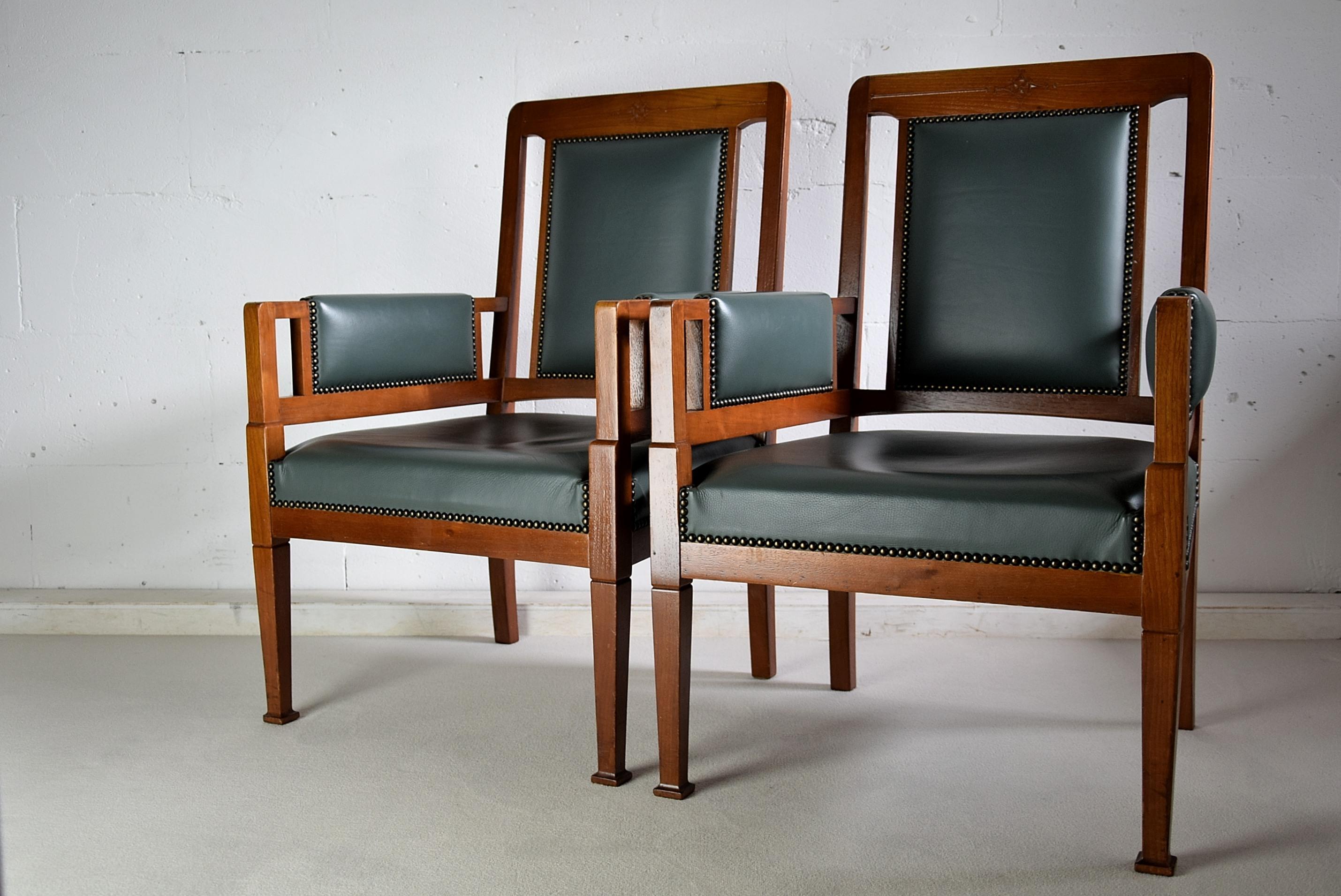 Art Nouveau Green and Brown Armchairs For Sale 5