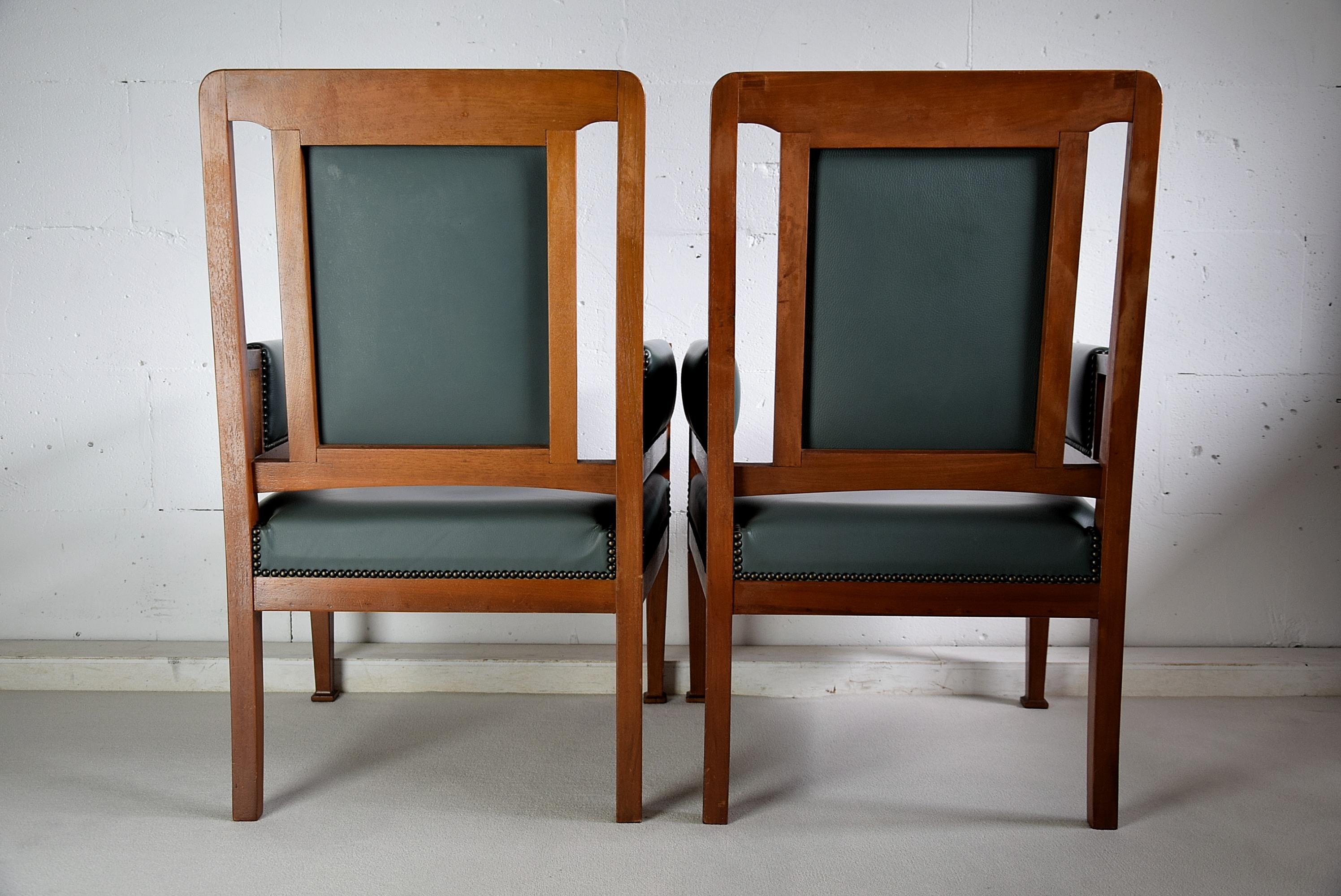 Art Nouveau Green and Brown Armchairs For Sale 8