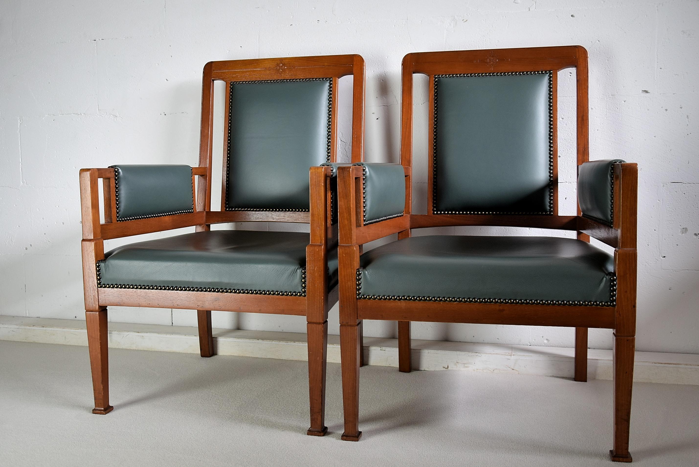 Early 20th Century Art Nouveau Green and Brown Armchairs For Sale