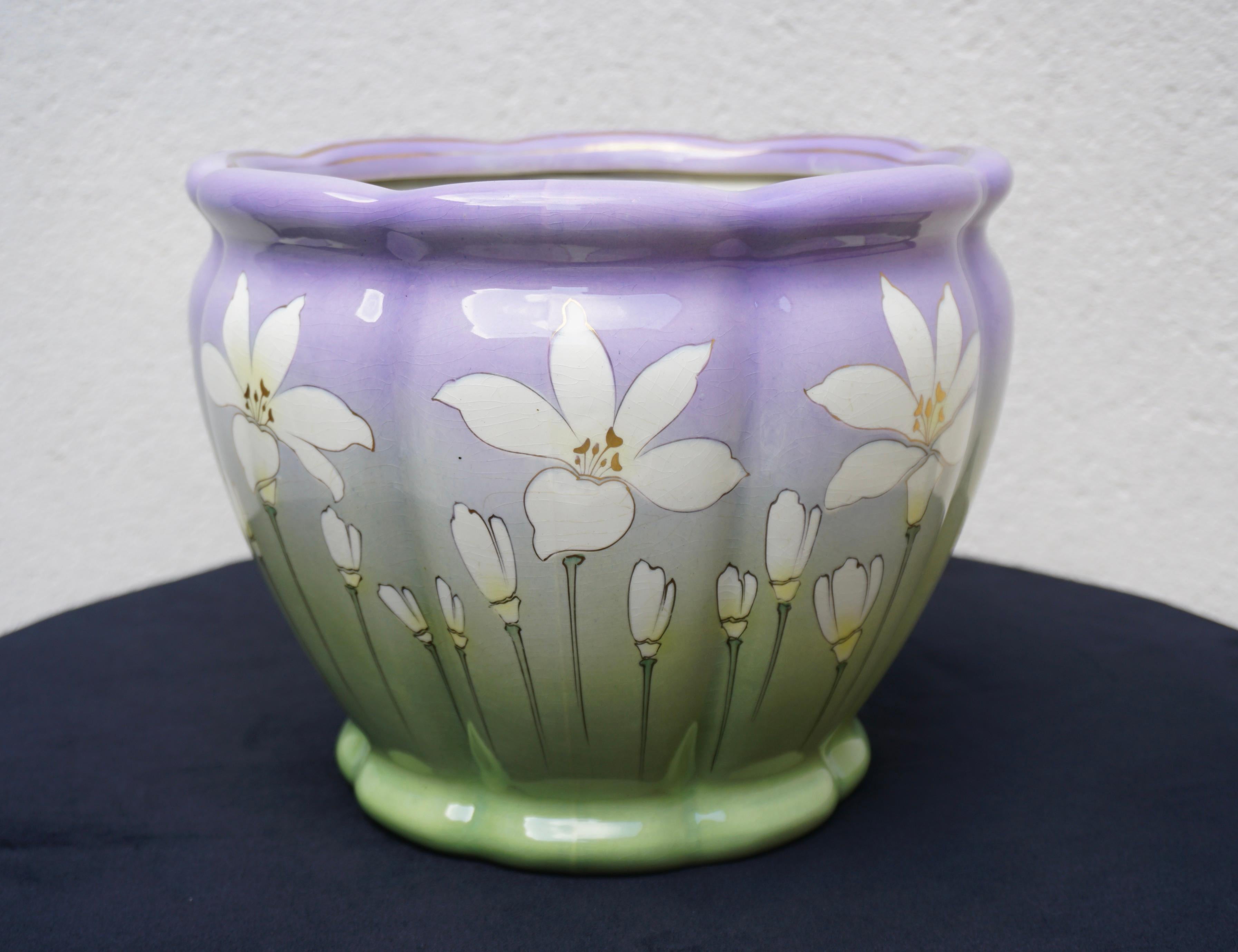 French Art Nouveau Green and Lilac Plant Flower Pot Cachepot Jardiniere For Sale