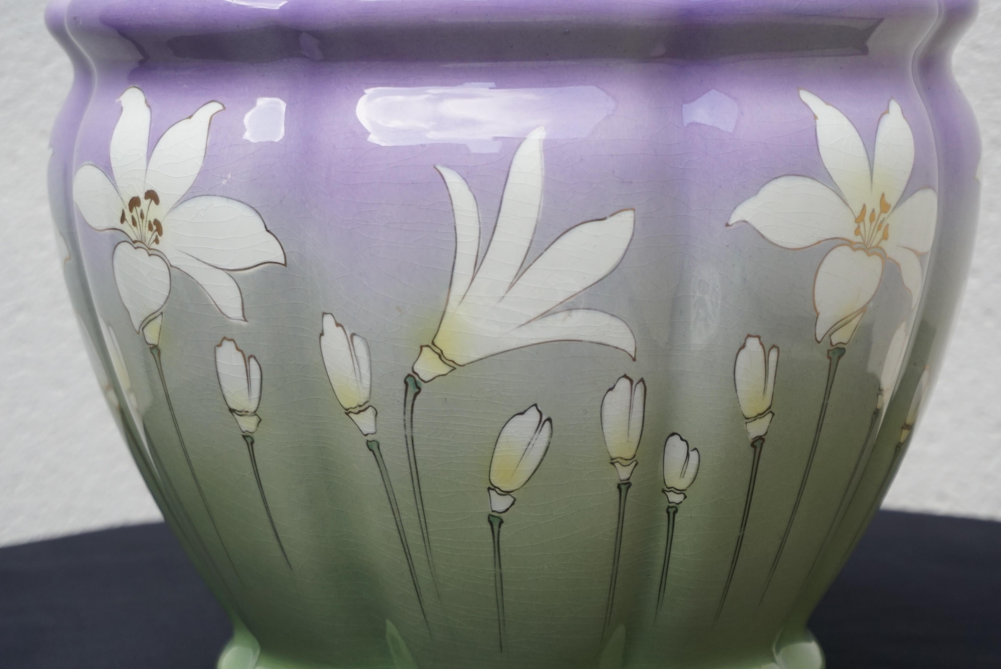 Ceramic Art Nouveau Green and Lilac Plant Flower Pot Cachepot Jardiniere For Sale