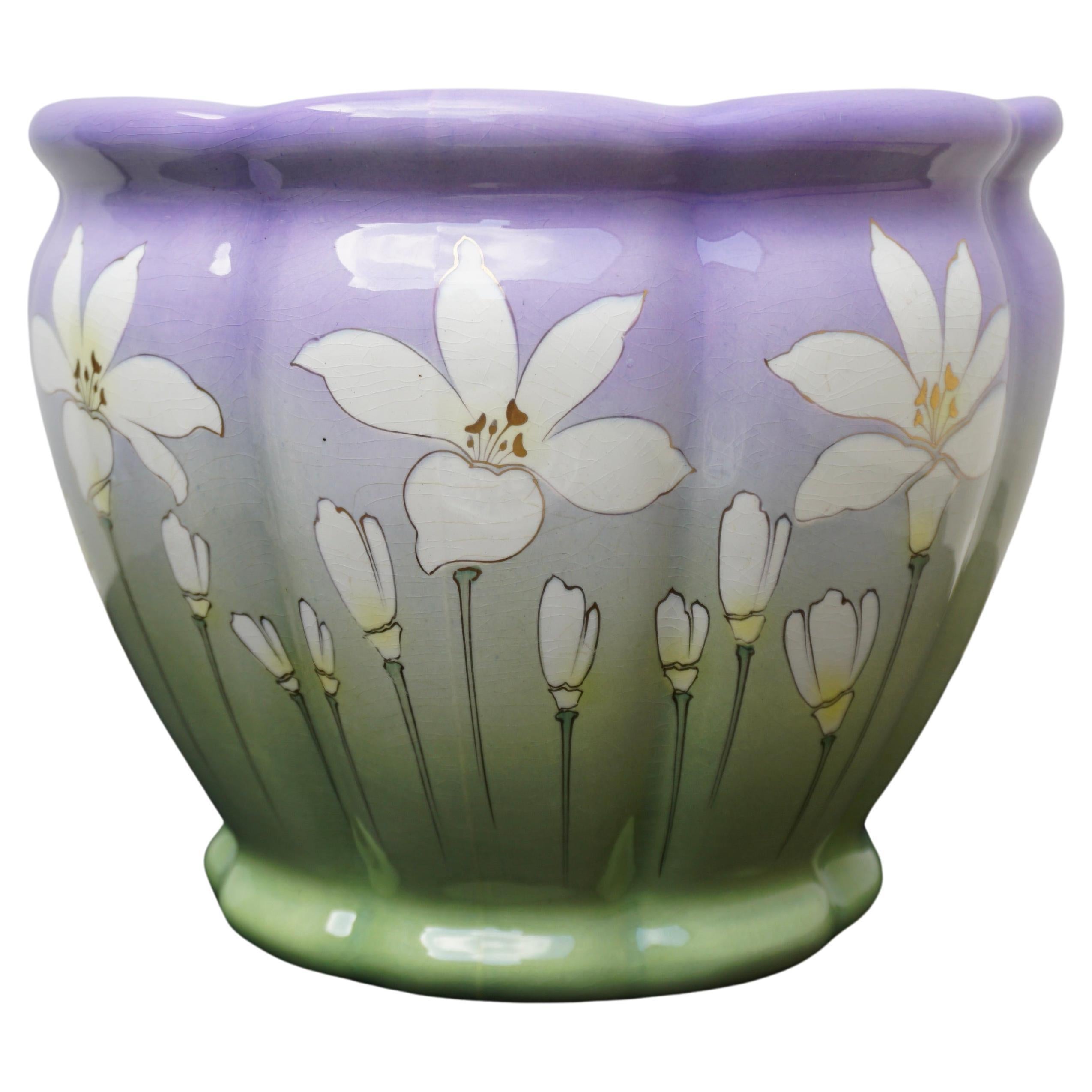 Art Nouveau Green and Lilac Plant Flower Pot Cachepot Jardiniere For Sale