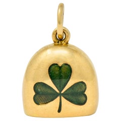 Antique Art Nouveau Green Enamel 14 Karat Gold Irish Clover Bell Charm