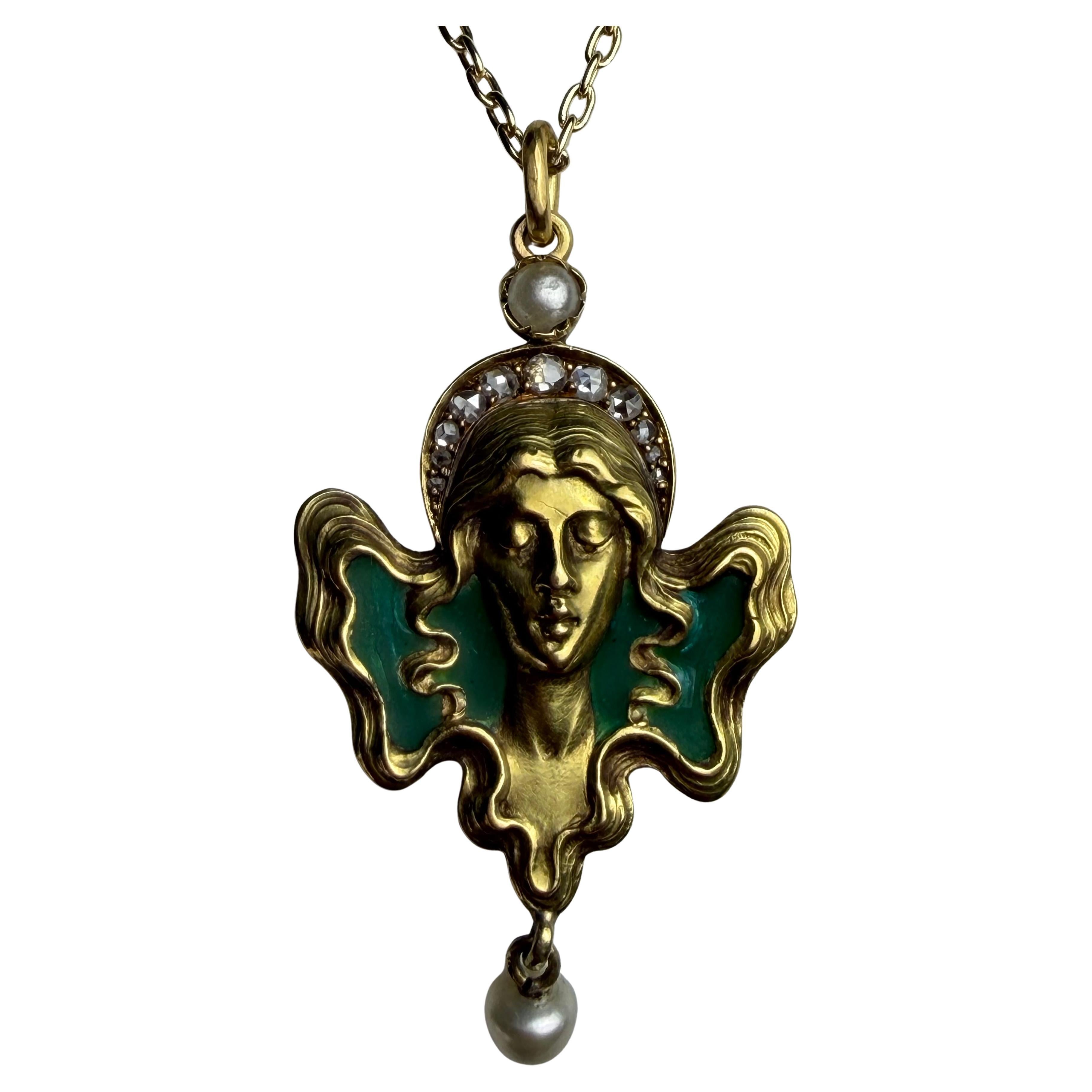 Collana con ciondolo in smalto verde Art Nouveau con diamanti e perle naturali