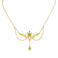 Art Nouveau Green Enamel Pearl Peridot Ruby Gold Festoon Necklace