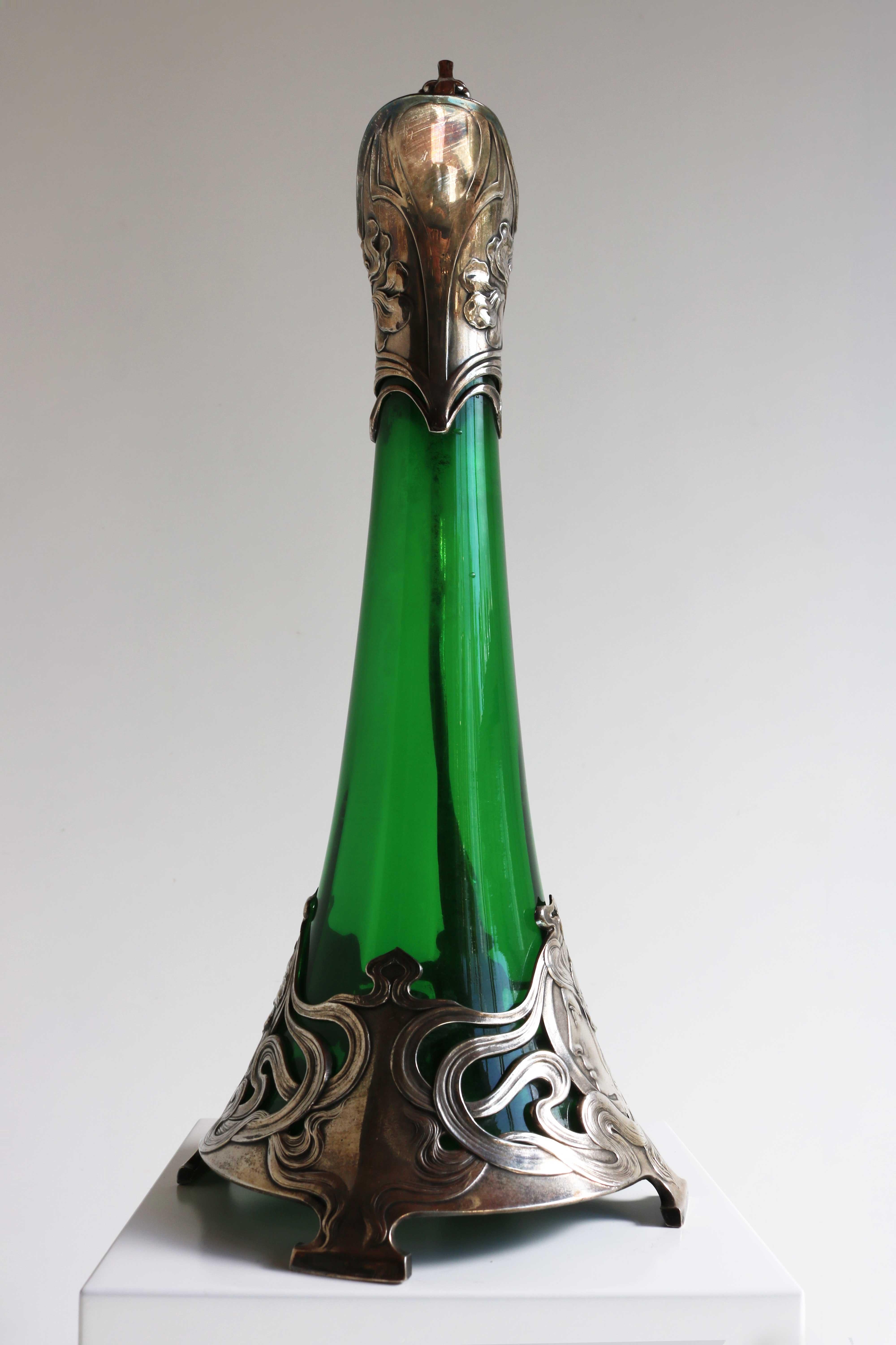 Art Nouveau Green Glass Decanter with Silver Plated Mount WMF Germany 1900 For Sale 5