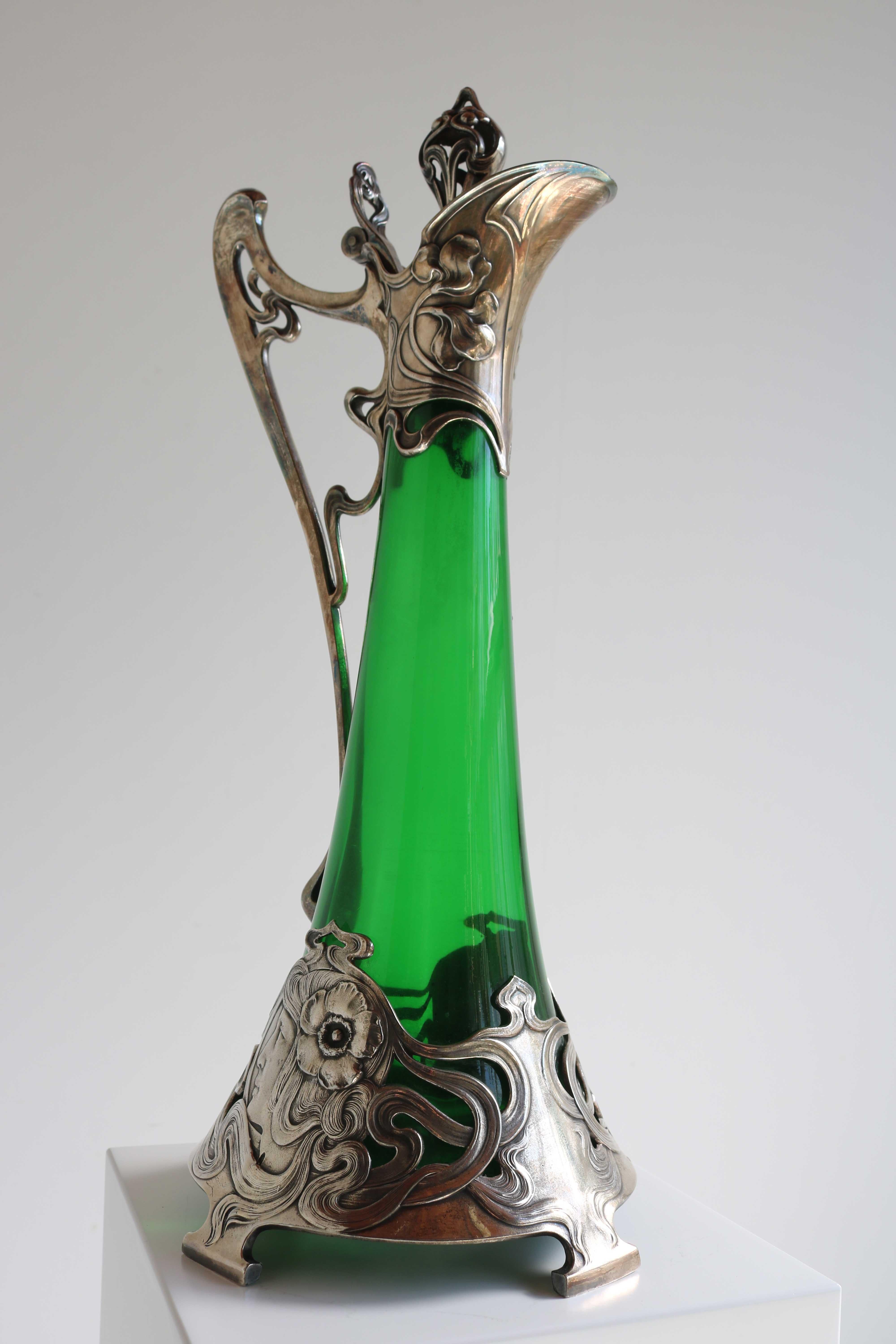Art Nouveau Green Glass Decanter with Silver Plated Mount WMF Germany 1900 For Sale 4