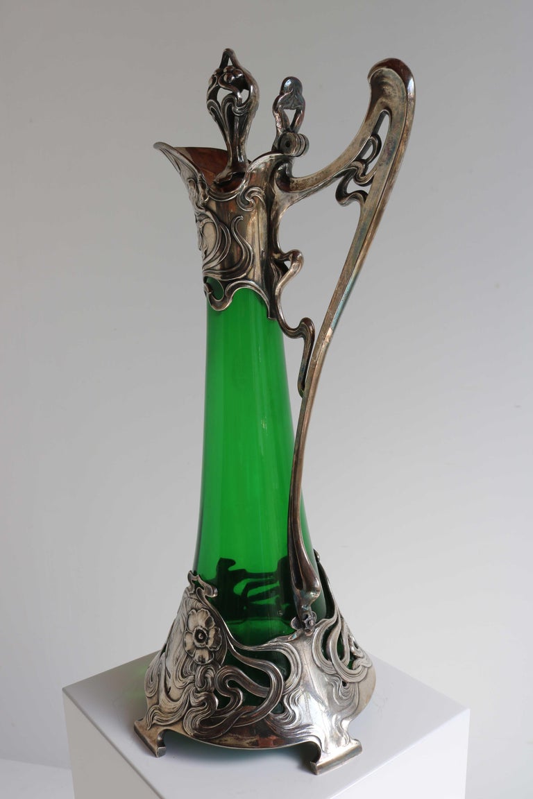 Art Nouveau Green Glass Decanter with Silver Plated Mount WMF Germany 1900 For Sale 9