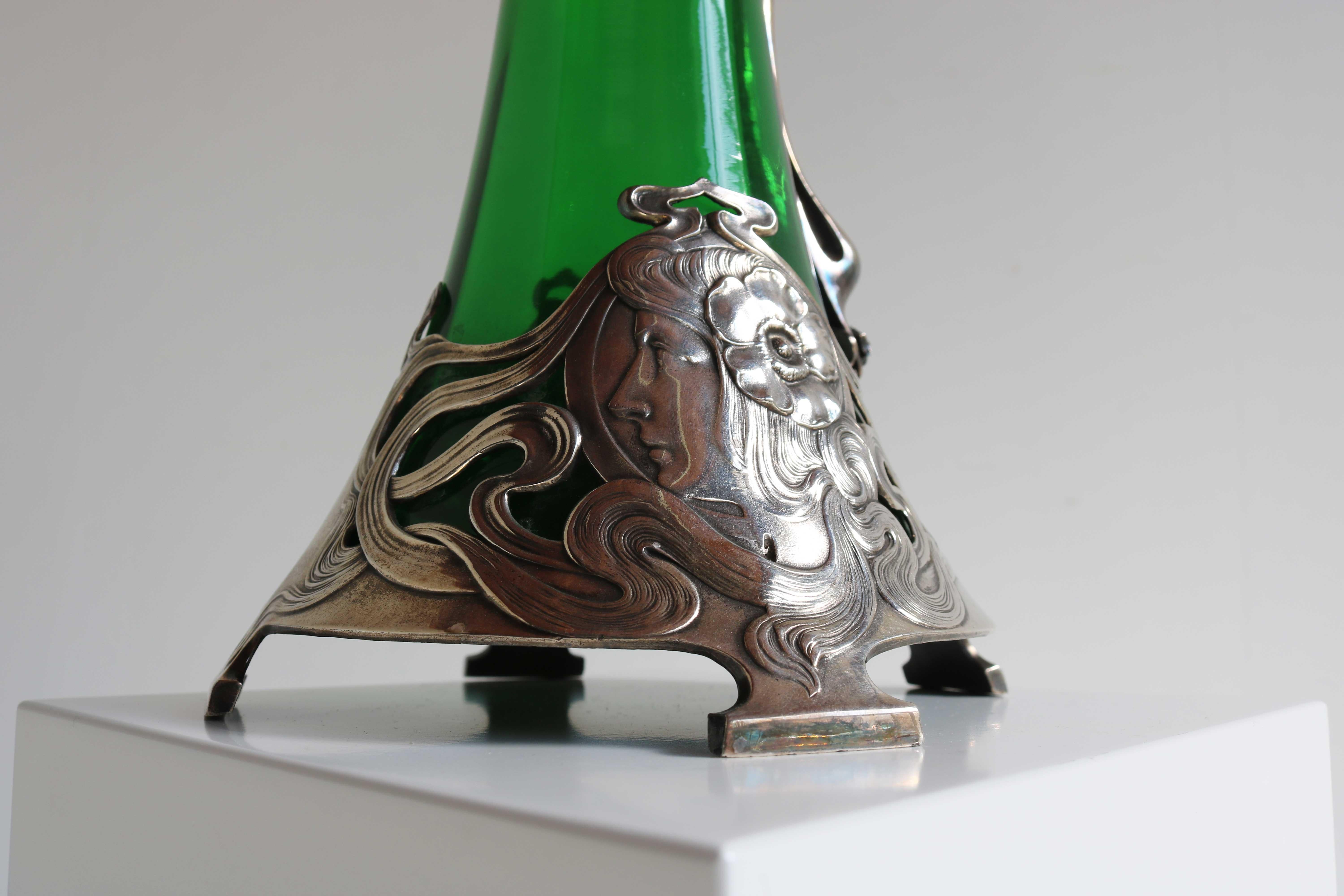 Art Nouveau Green Glass Decanter with Silver Plated Mount WMF Germany 1900 For Sale 7