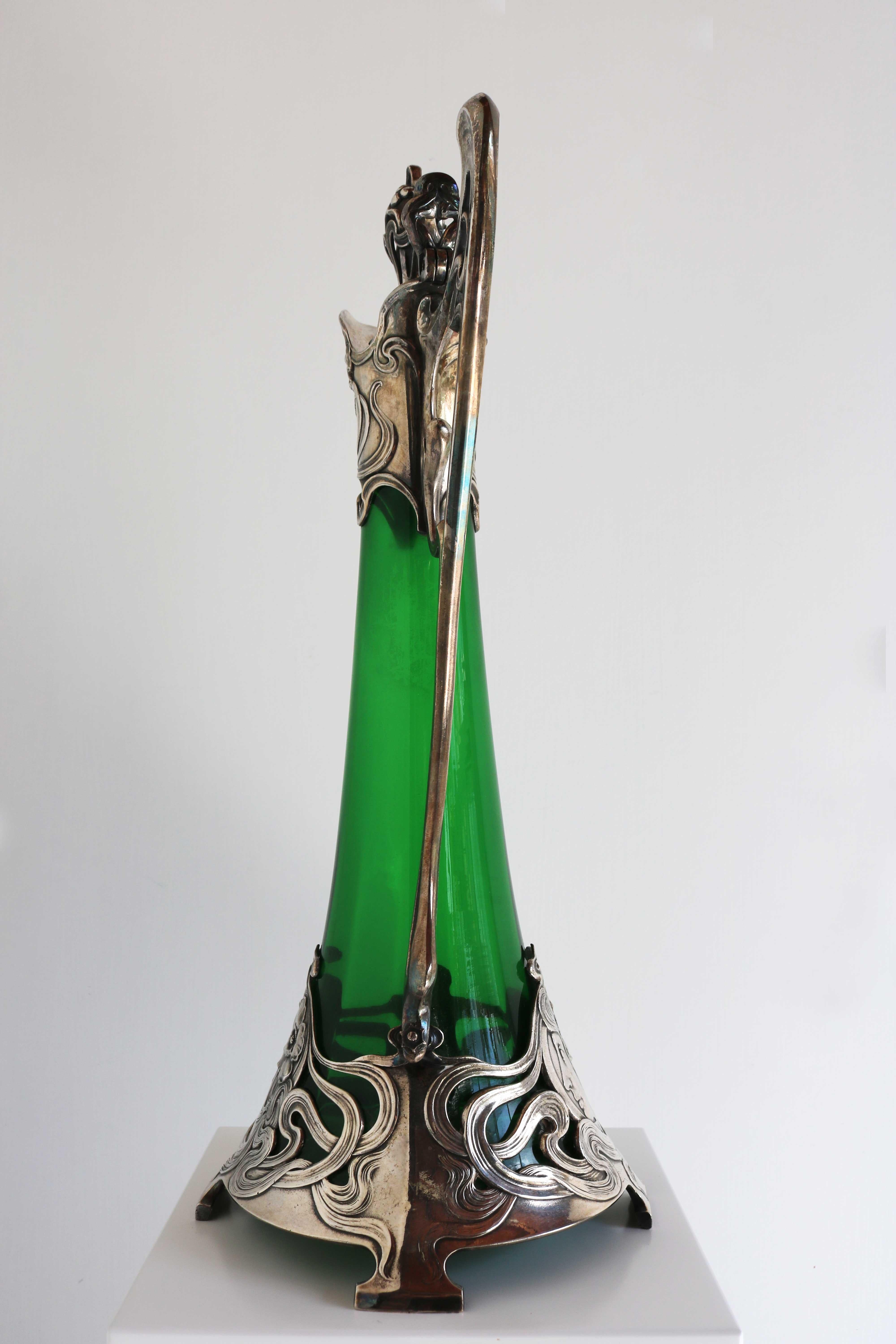 Art Nouveau Green Glass Decanter with Silver Plated Mount WMF Germany 1900 For Sale 8