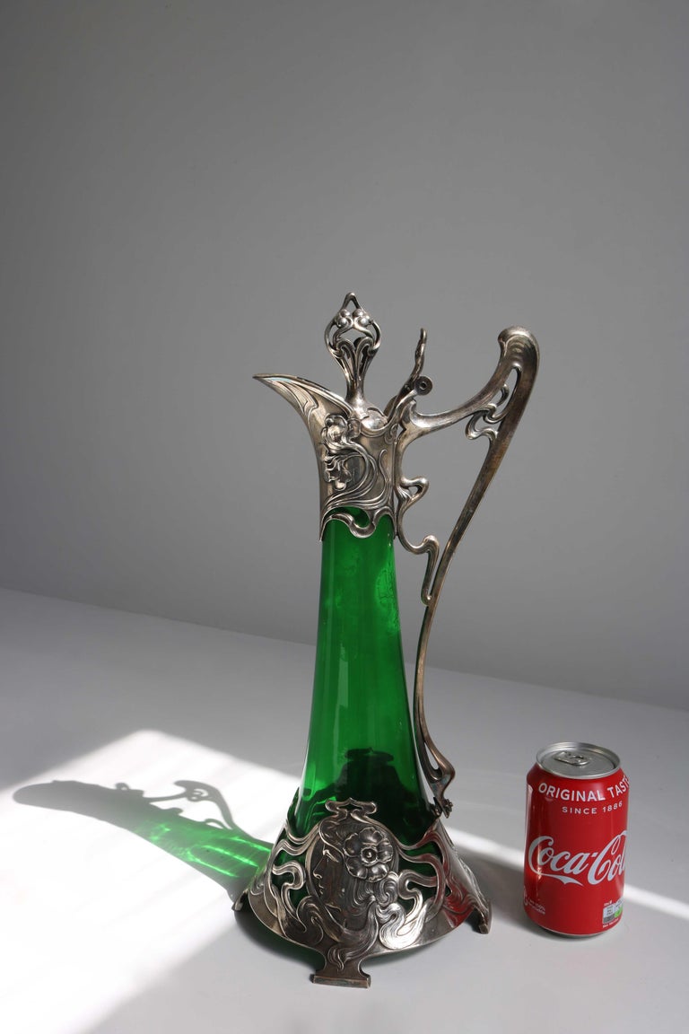 Art Nouveau Green Glass Decanter with Silver Plated Mount WMF Germany 1900 For Sale 13