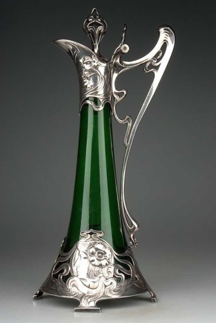 Art Nouveau Green Glass Decanter with Silver Plated Mount WMF Germany 1900 For Sale 12