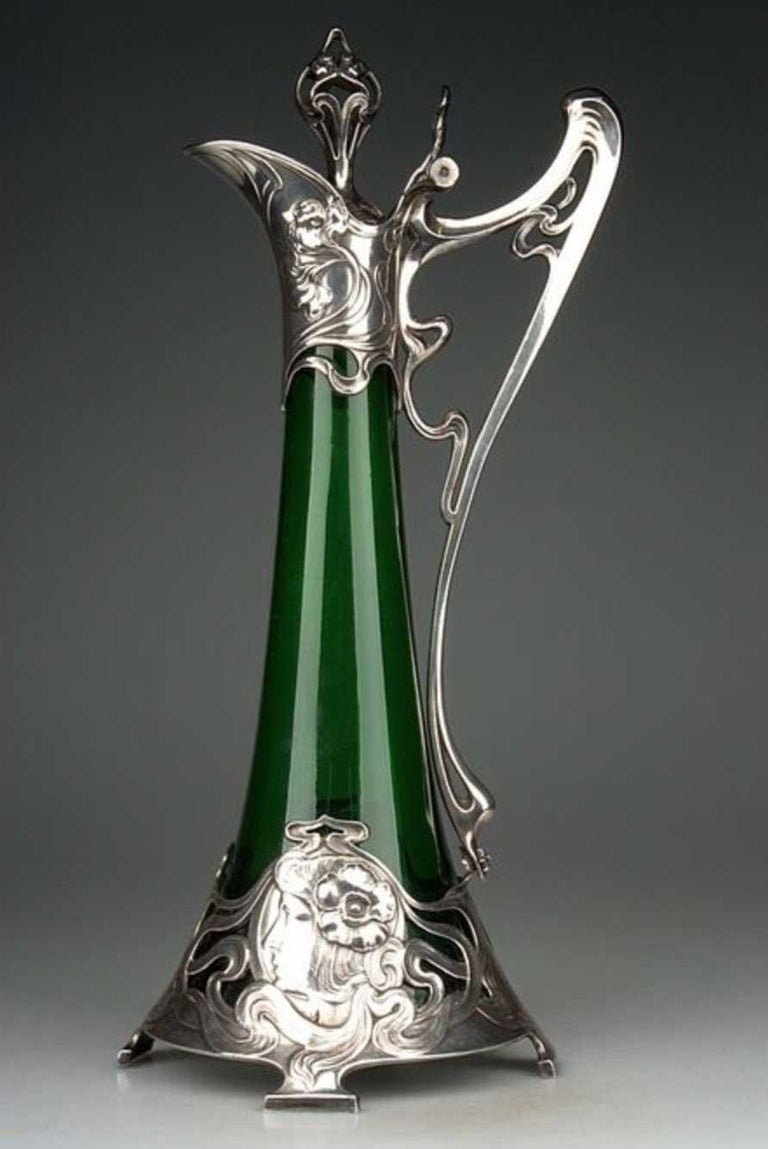 Art Nouveau Green Glass Decanter with Silver Plated Mount WMF Germany 1900 For Sale 15