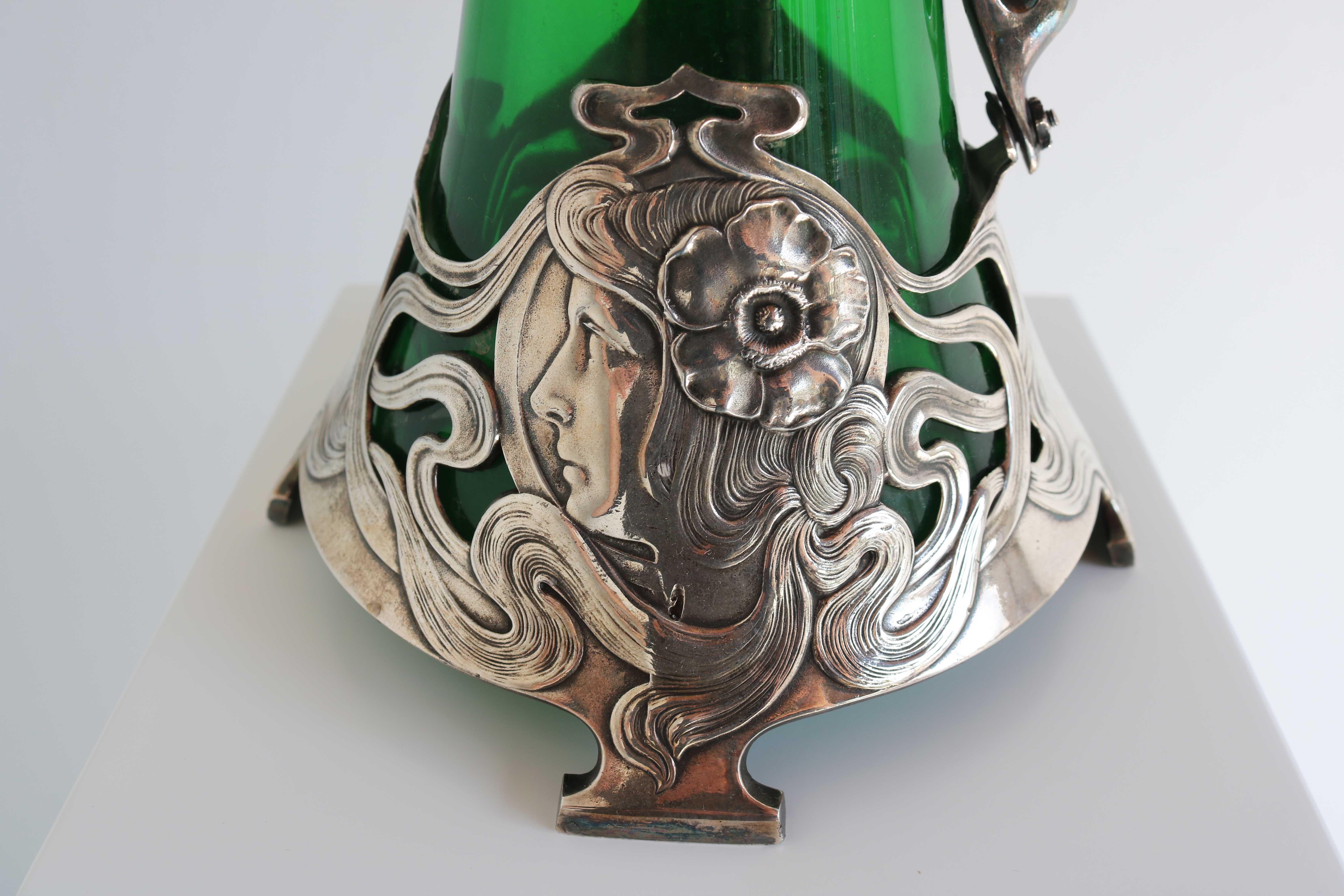 Hand-Crafted Art Nouveau Green Glass Decanter with Silver Plated Mount WMF Germany 1900 For Sale