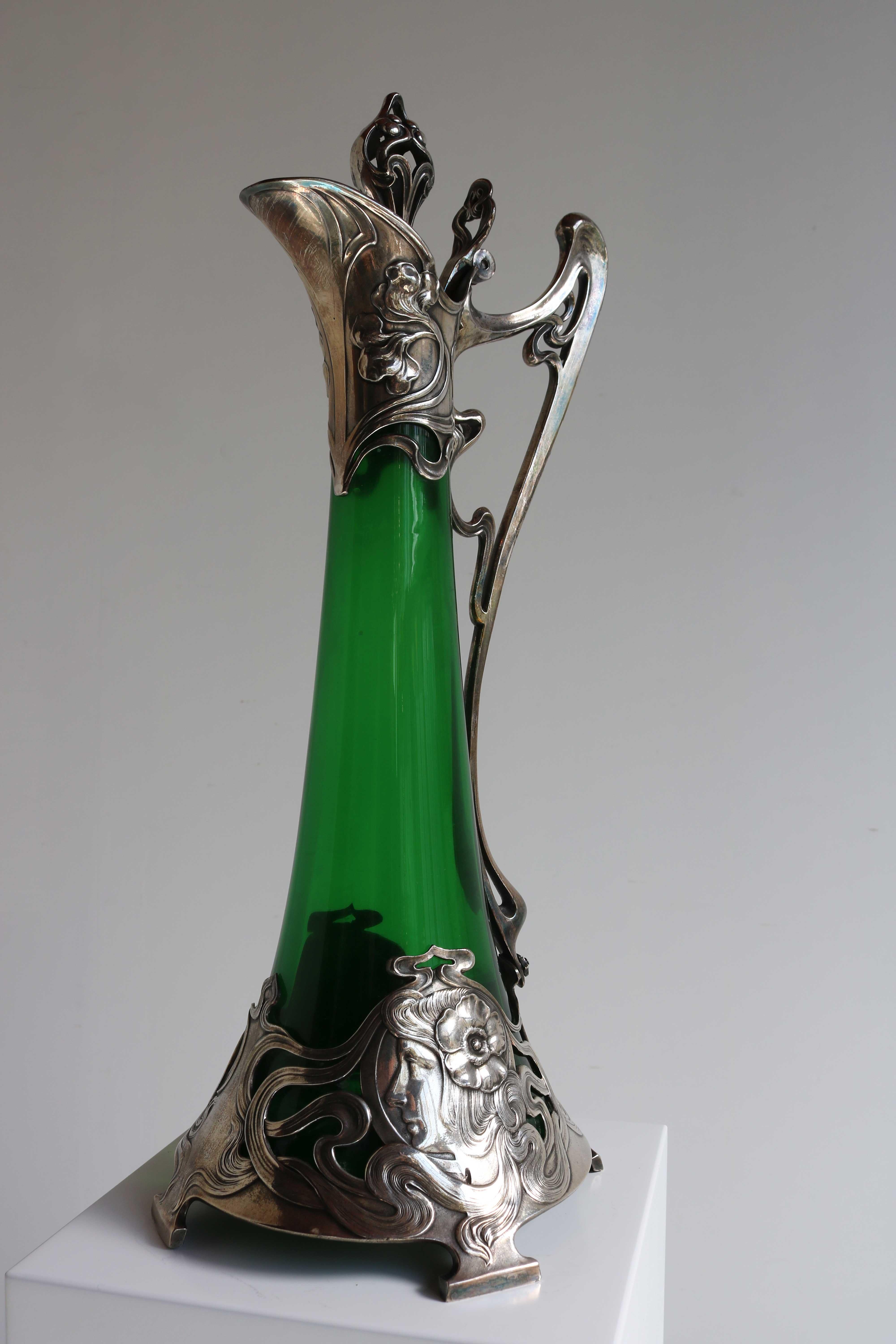Art Nouveau Green Glass Decanter with Silver Plated Mount WMF Germany 1900 In Good Condition For Sale In Ijzendijke, NL