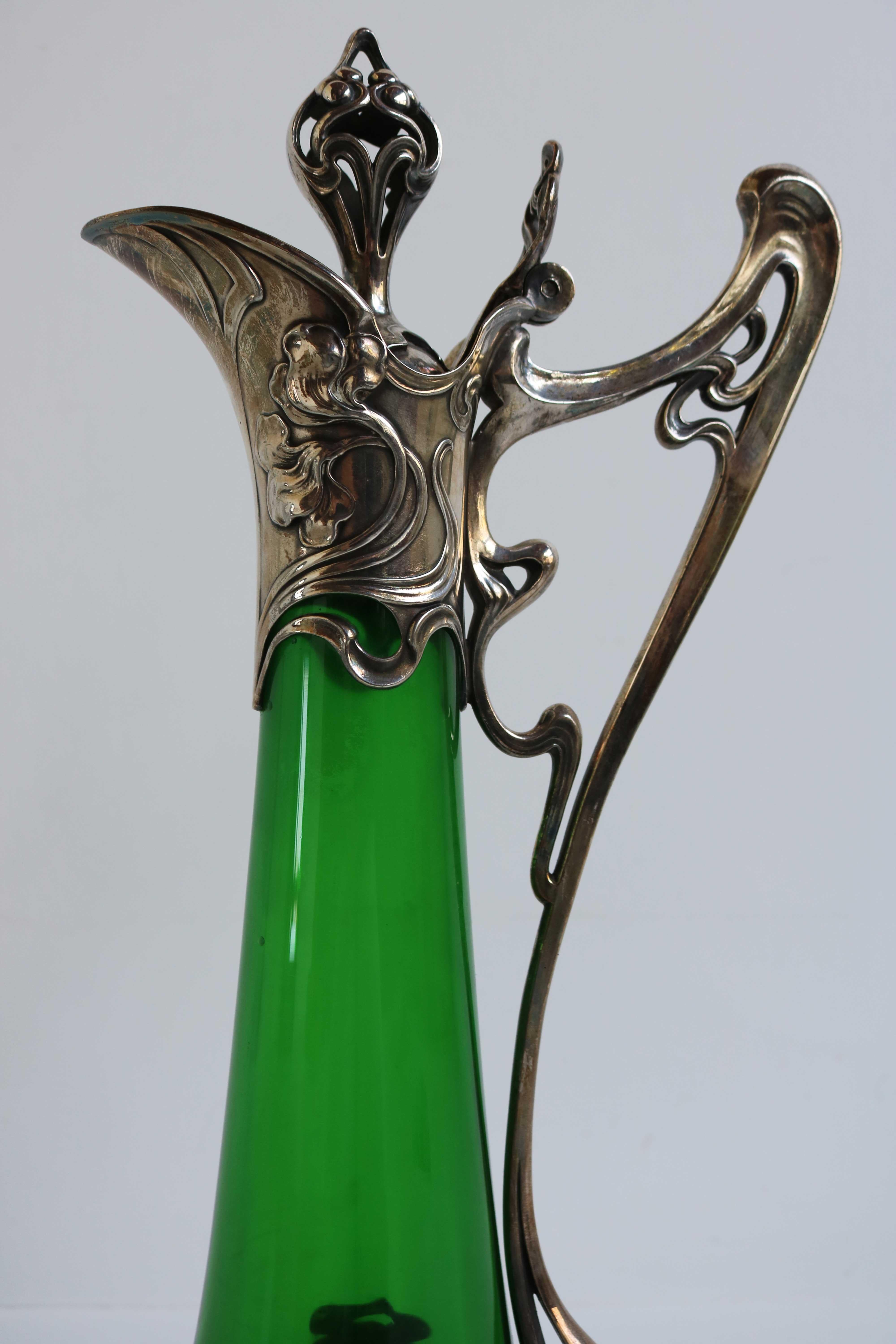Early 20th Century Art Nouveau Green Glass Decanter with Silver Plated Mount WMF Germany 1900 For Sale