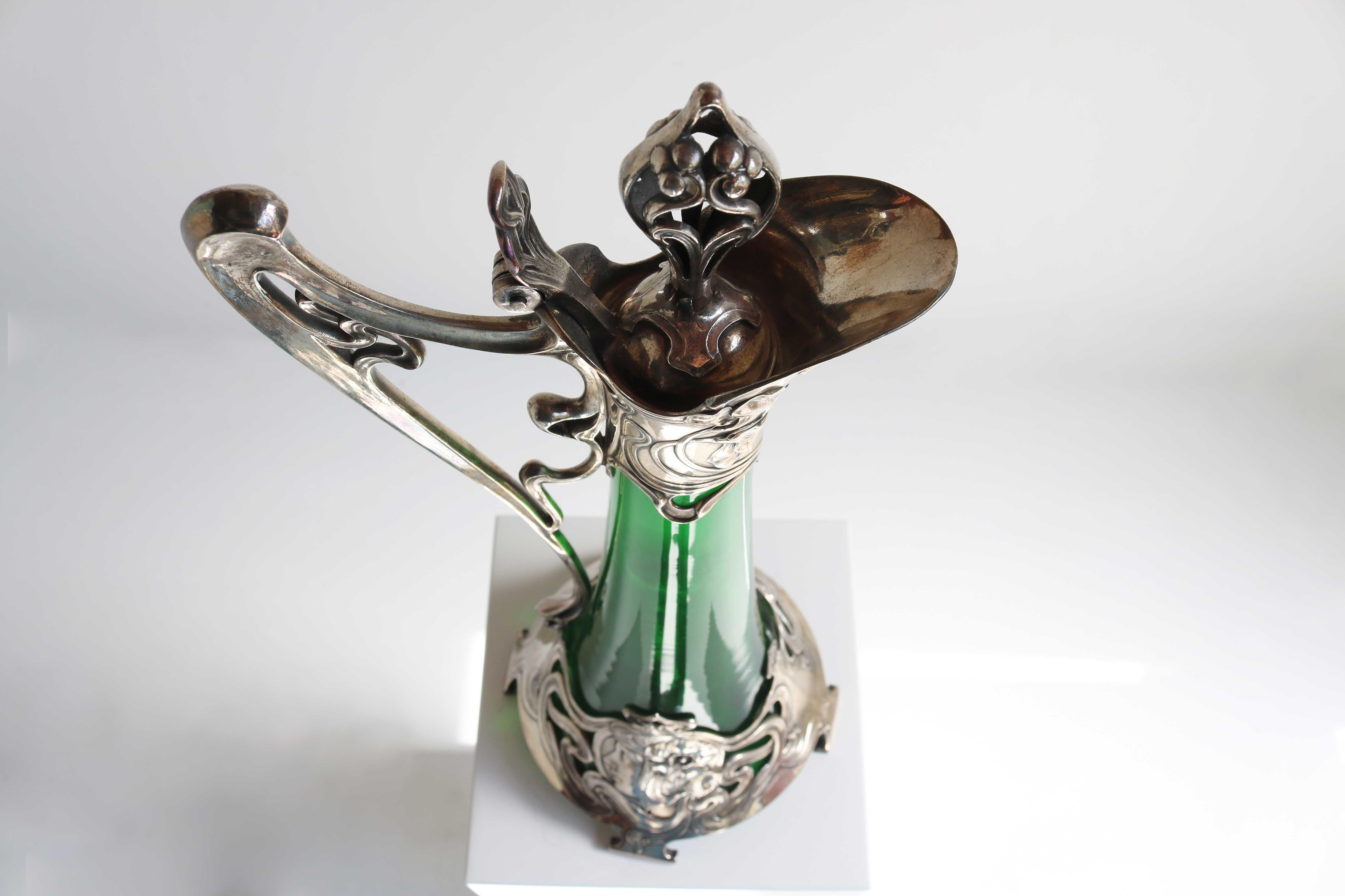 Hand-Crafted Art Nouveau Green Glass Decanter with Silver Plated Mount WMF Germany 1900 For Sale