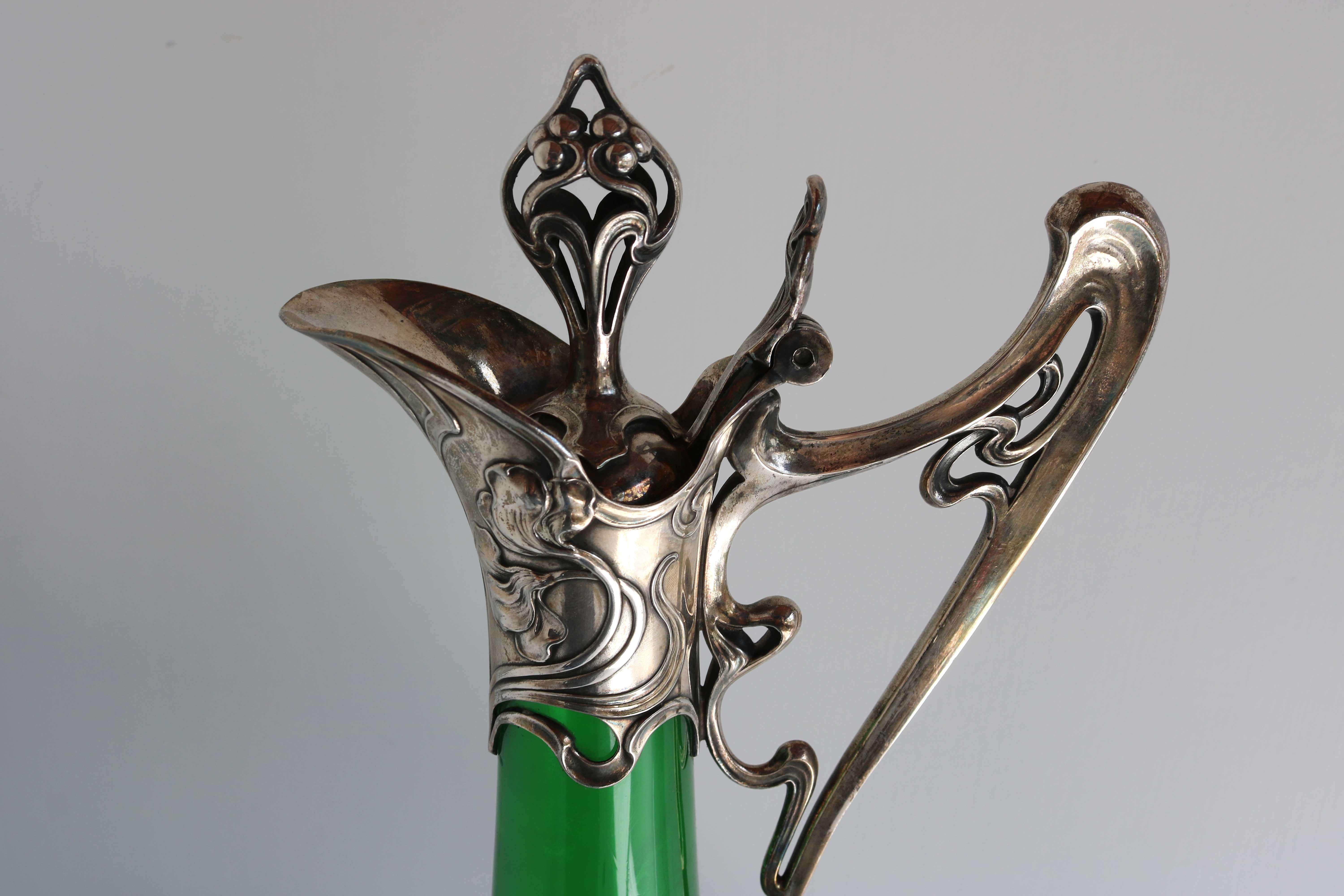 Art Nouveau Green Glass Decanter with Silver Plated Mount WMF Germany 1900 For Sale 1