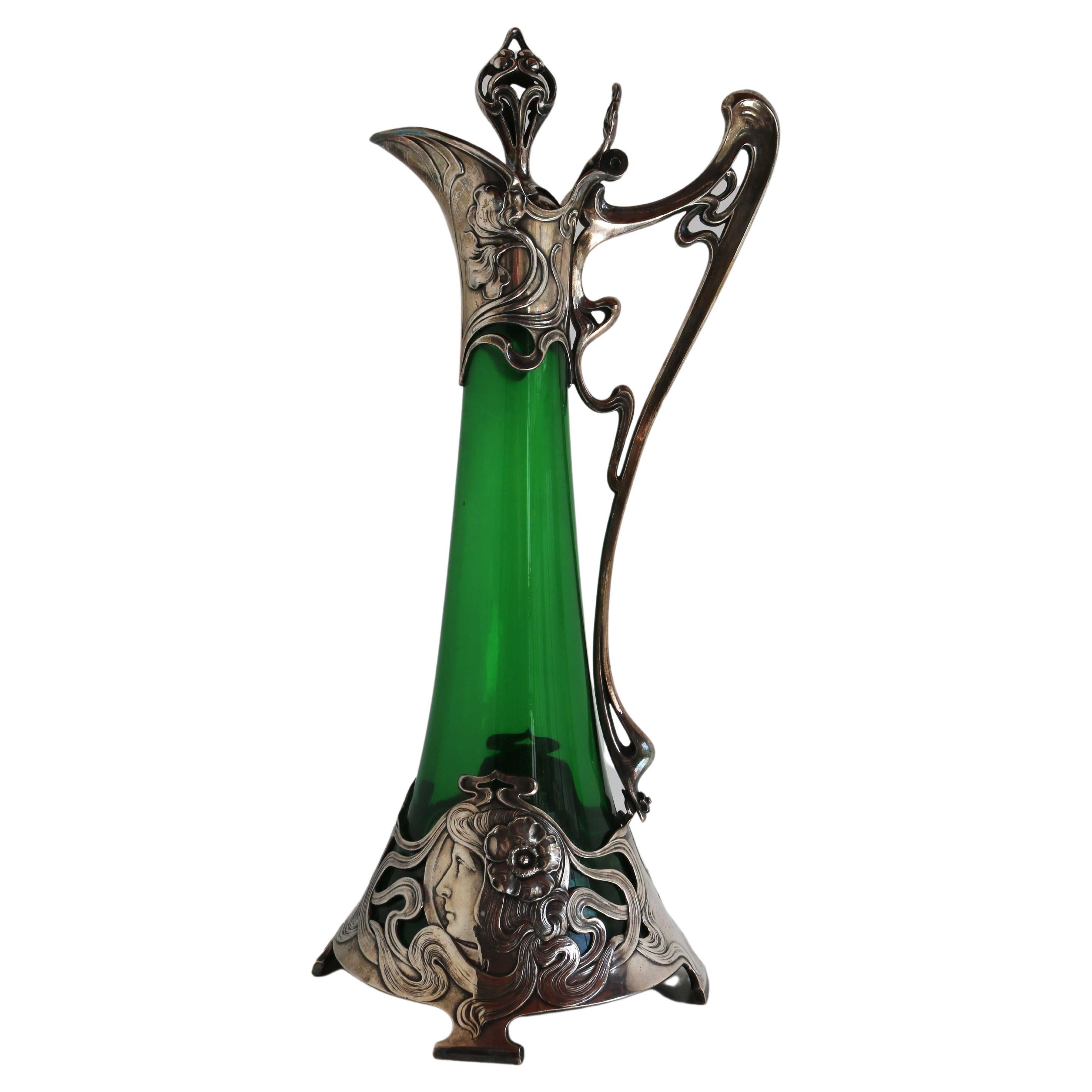 Art Nouveau Green Glass Decanter with Silver Plated Mount WMF Germany 1900
