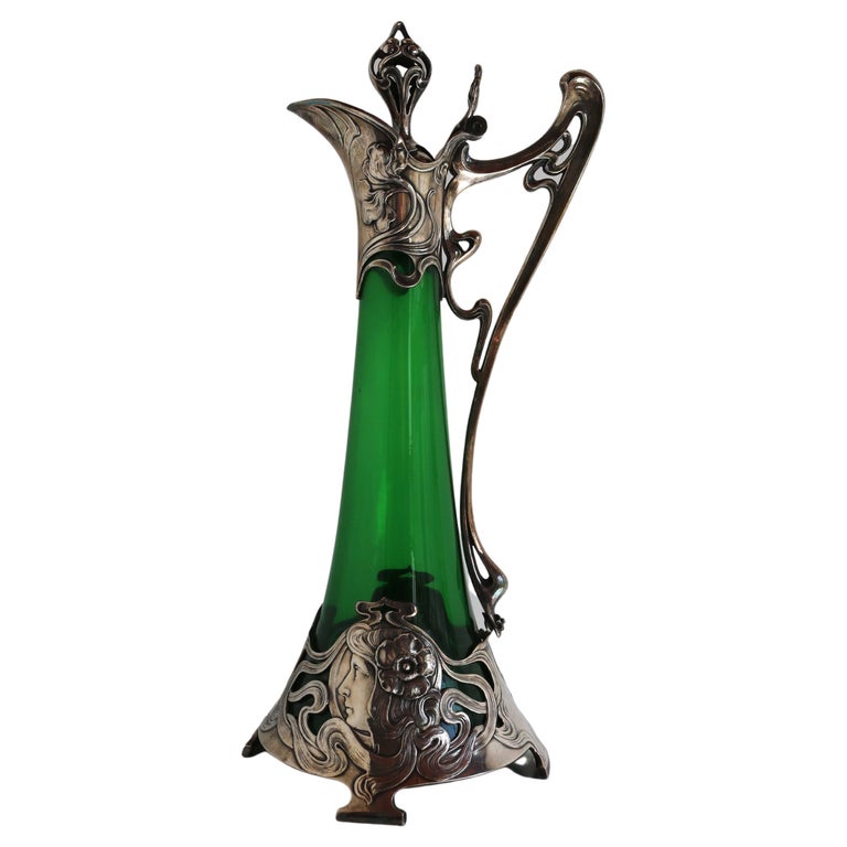 Art Nouveau Green Glass Decanter with Silver Plated Mount WMF Germany 1900 For Sale
