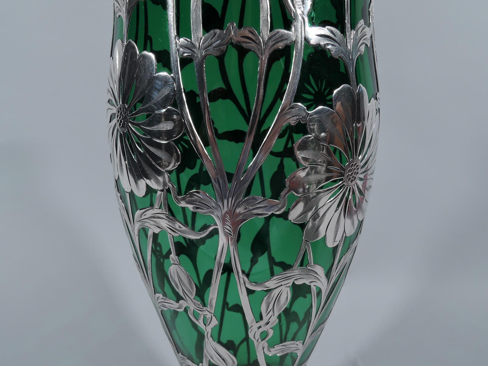 American Art Nouveau Green Glass Vase with Floral Silver Overlay by Matthews