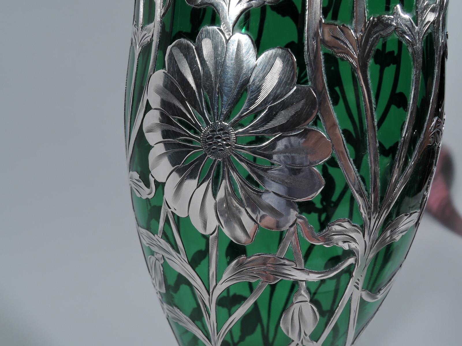 Art Nouveau Green Glass Vase with Floral Silver Overlay by Matthews In Excellent Condition In New York, NY