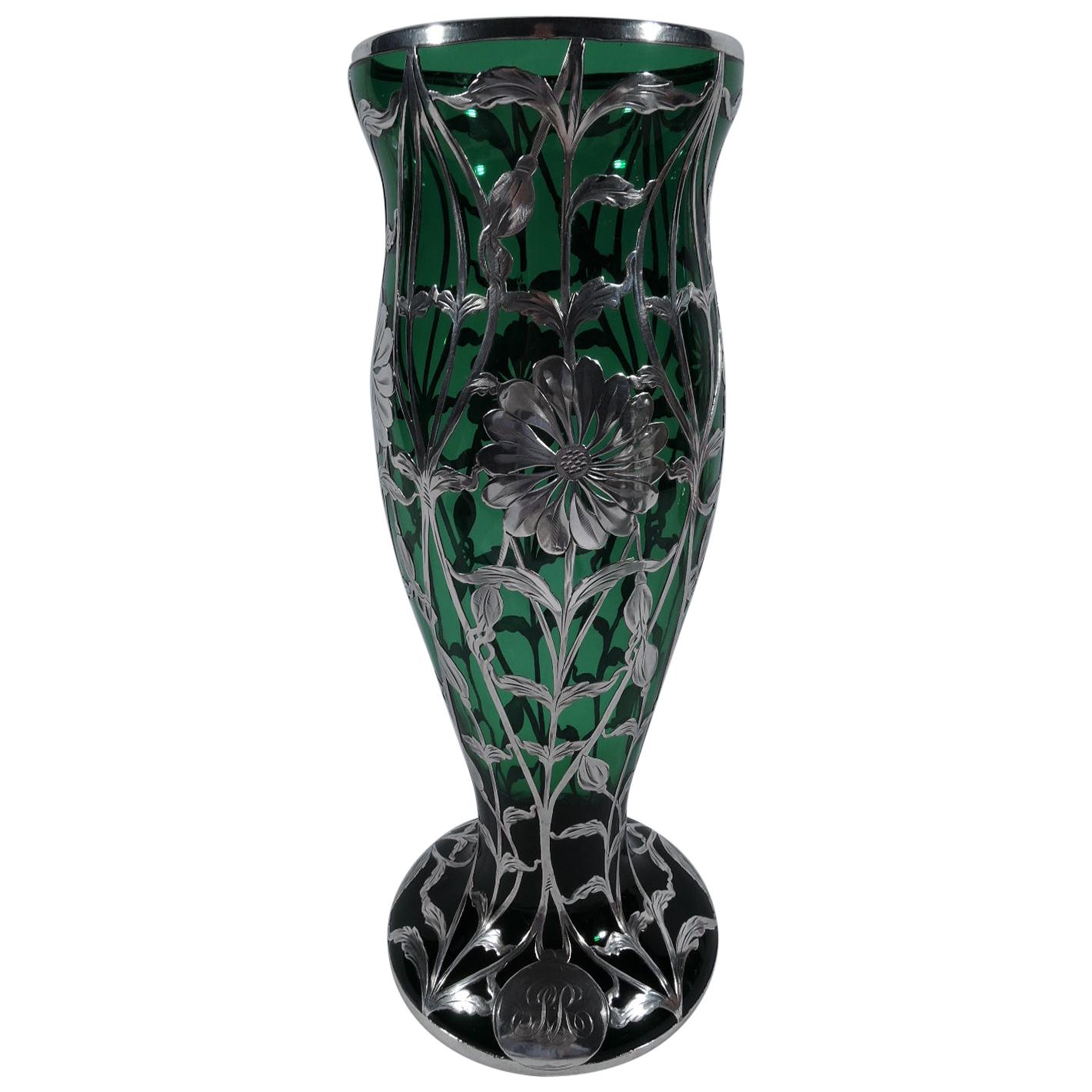Art Nouveau Green Glass Vase with Floral Silver Overlay by Matthews