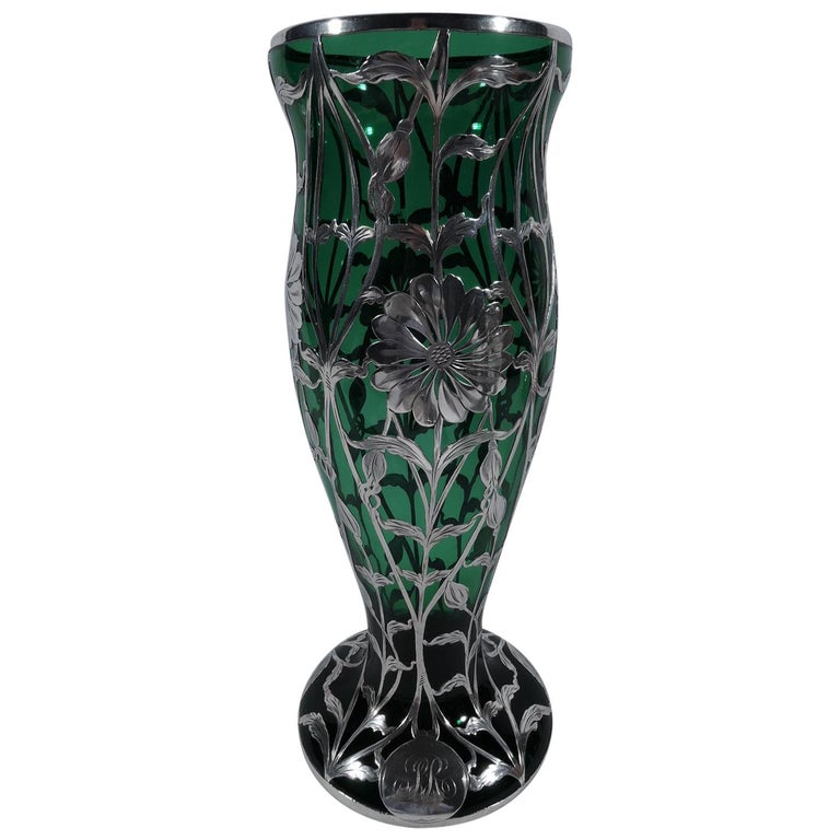 Art Nouveau Green Glass Vase with Floral Silver Overlay by Matthews For