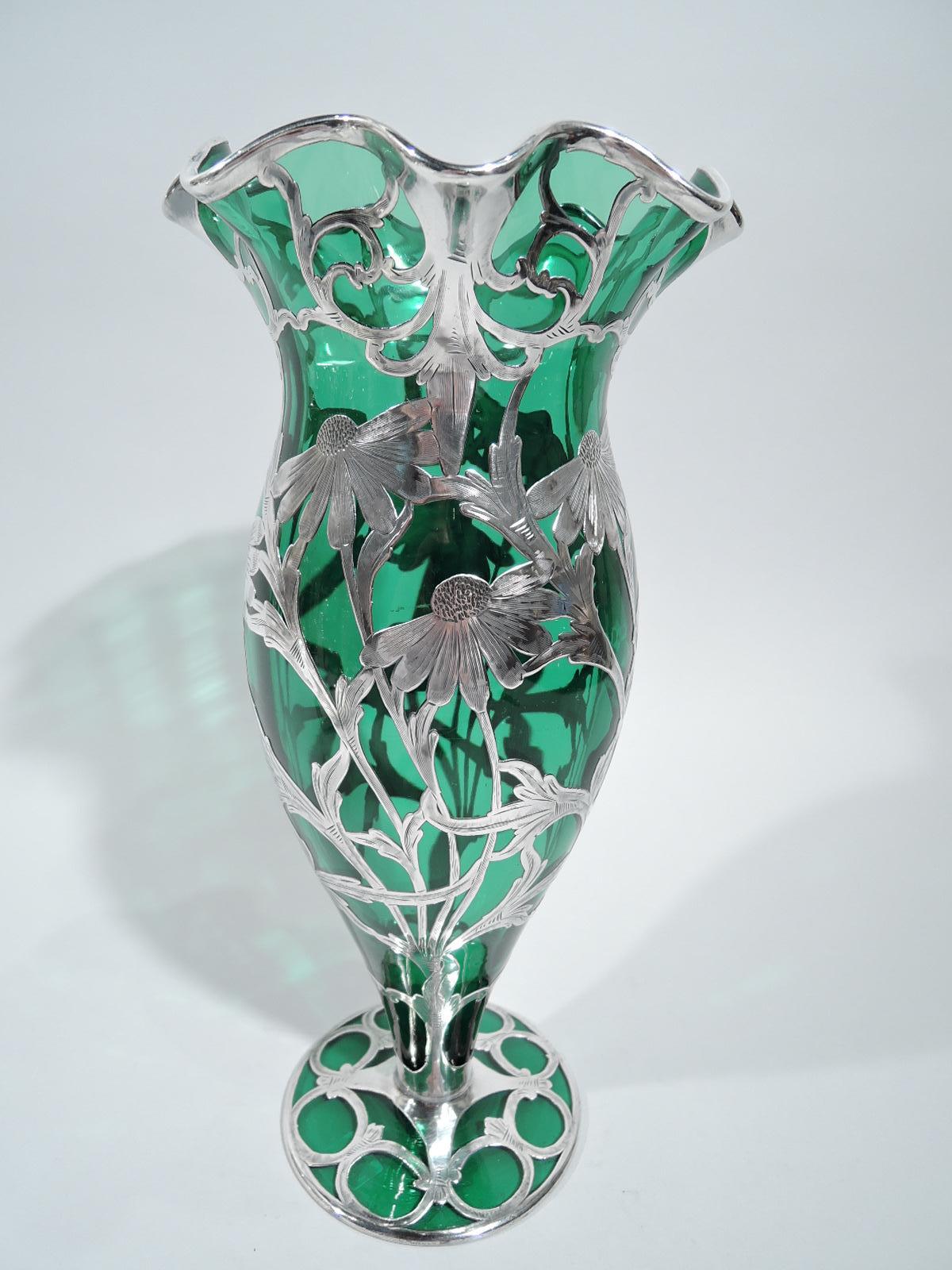 American Art Nouveau Green Glass Vase with Loves-Me-Loves-Me-Not Daisy Silver Overlay