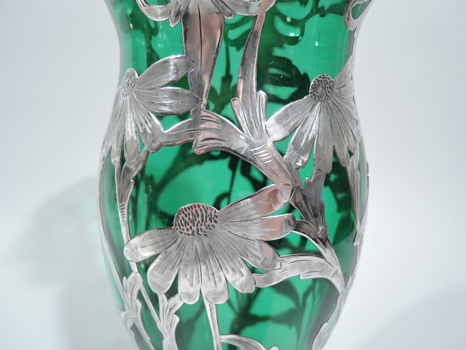 Art Nouveau Green Glass Vase with Loves-Me-Loves-Me-Not Daisy Silver Overlay 2