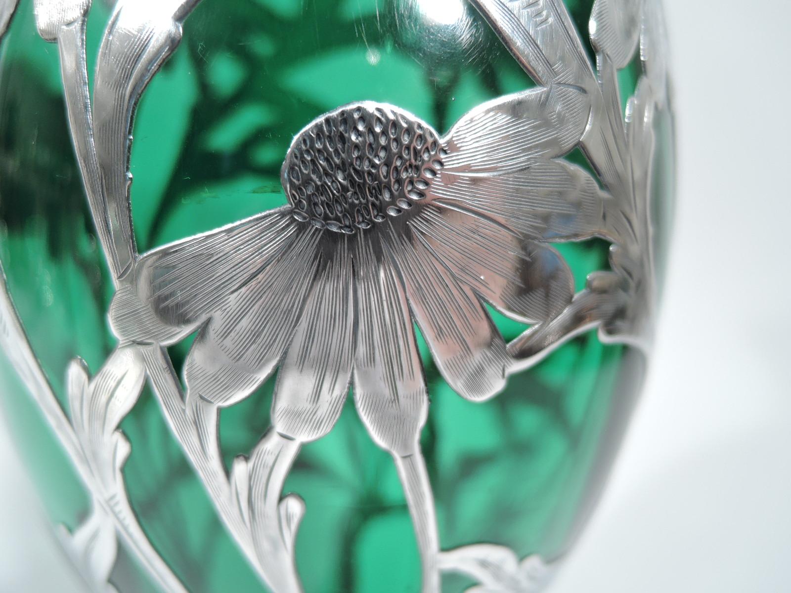 Art Nouveau Green Glass Vase with Loves-Me-Loves-Me-Not Daisy Silver Overlay 3