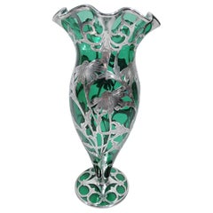Art Nouveau Green Glass Vase with Loves-Me-Loves-Me-Not Daisy Silver Overlay