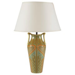 Art Nouveau Green Glaze Vase with Handles as a Table Lamp