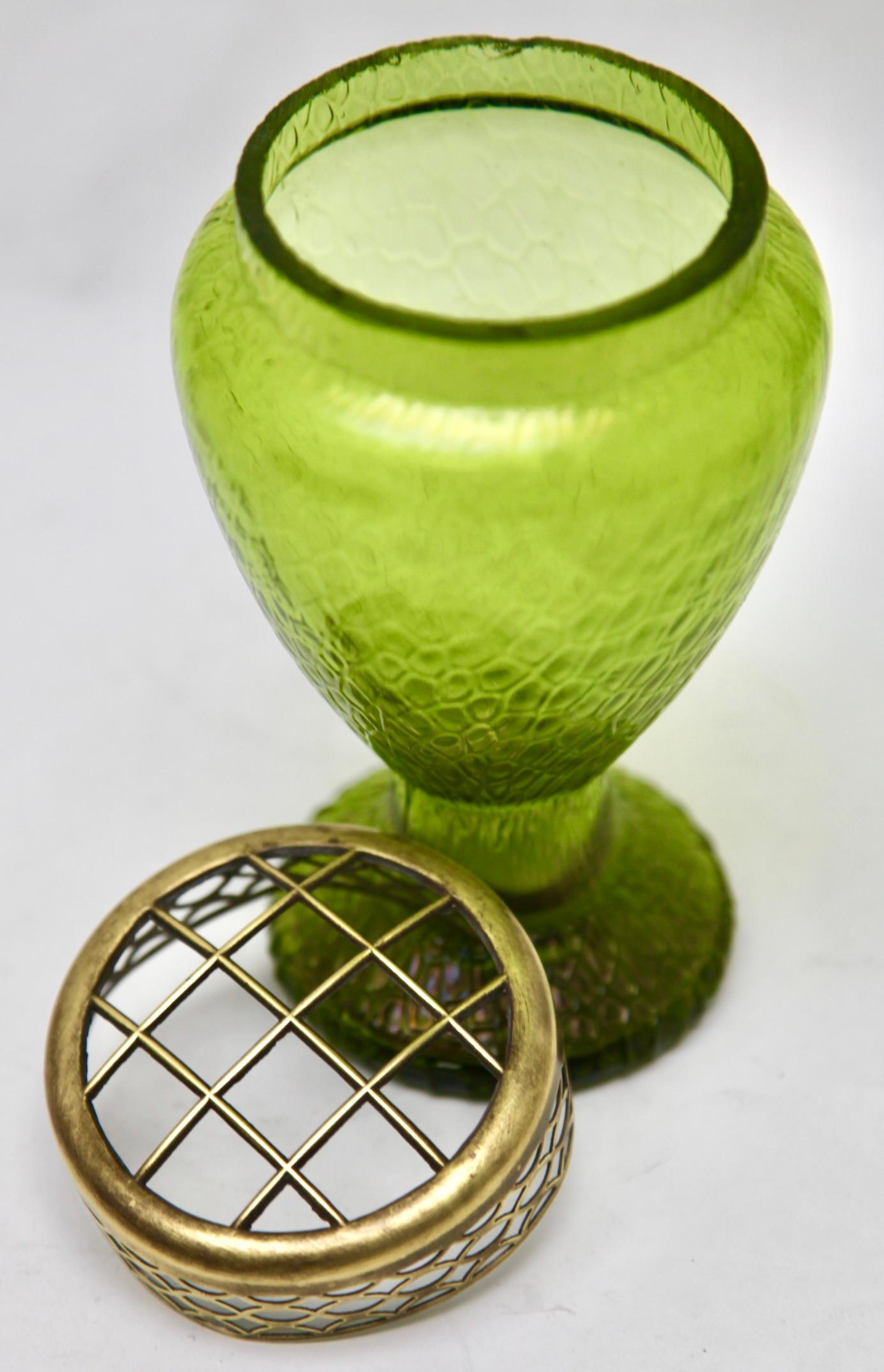 Hand-Crafted Art Nouveau Green iridescent glass Pique Fleurs' vase by Loetz' with Grille For Sale