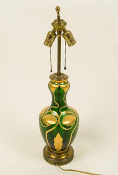 Art Nouveau Green Lusterware and Gilt Table Lamp