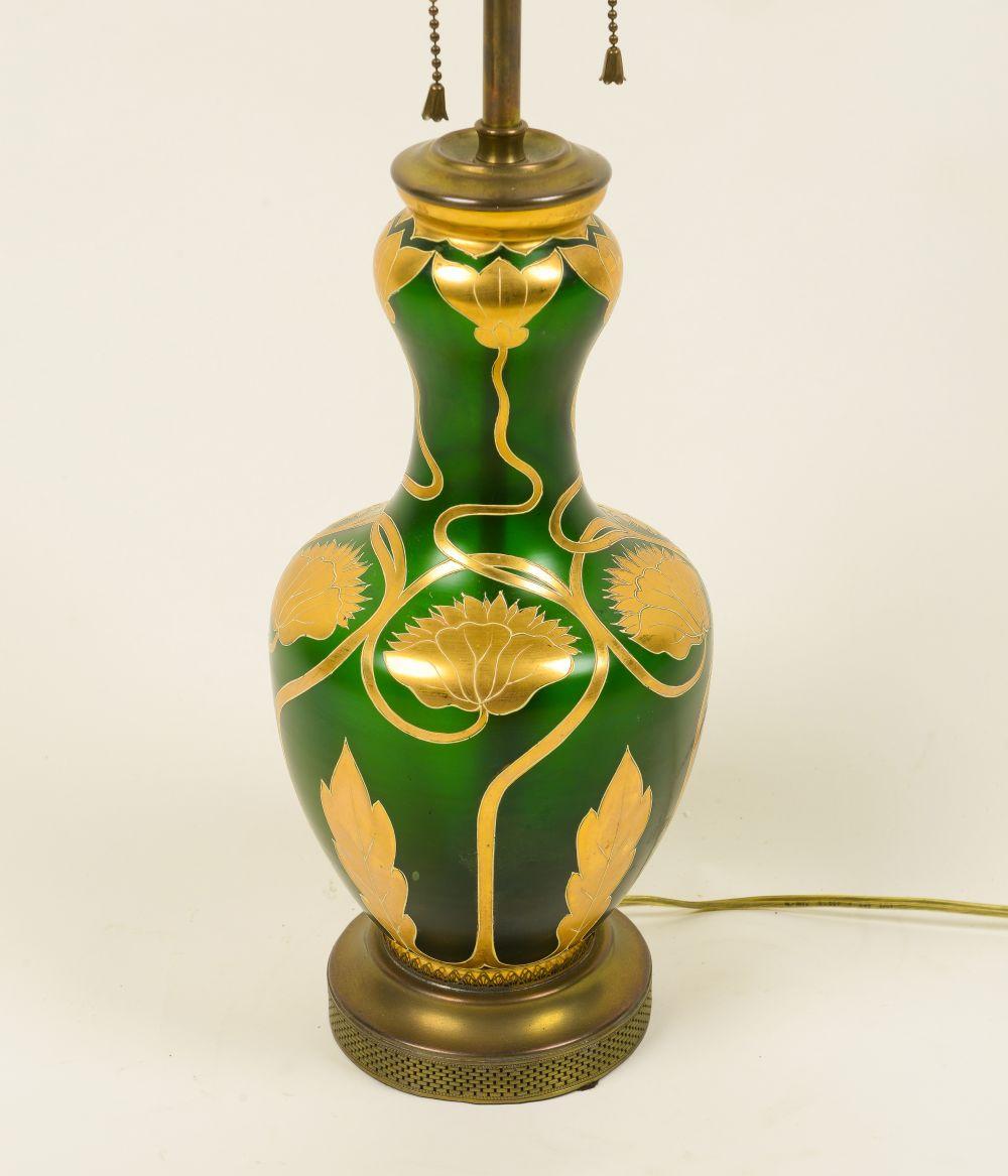 Art Nouveau Green Lusterware and Gilt Table Lamp In Good Condition For Sale In New York, NY