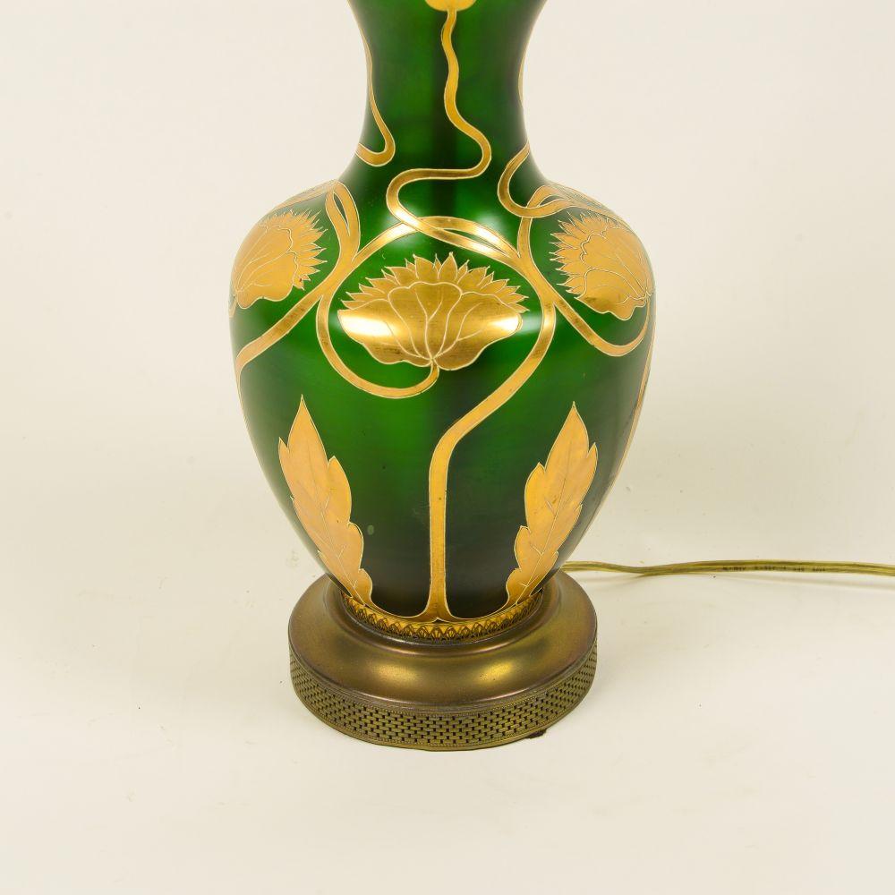 Brass Art Nouveau Green Lusterware and Gilt Table Lamp For Sale