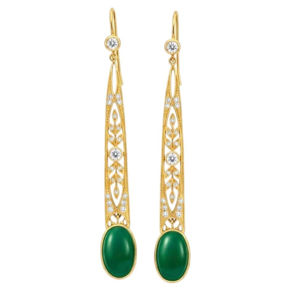 Art Nouveau Green Onyx Drop Earrings silver, gold For Sale