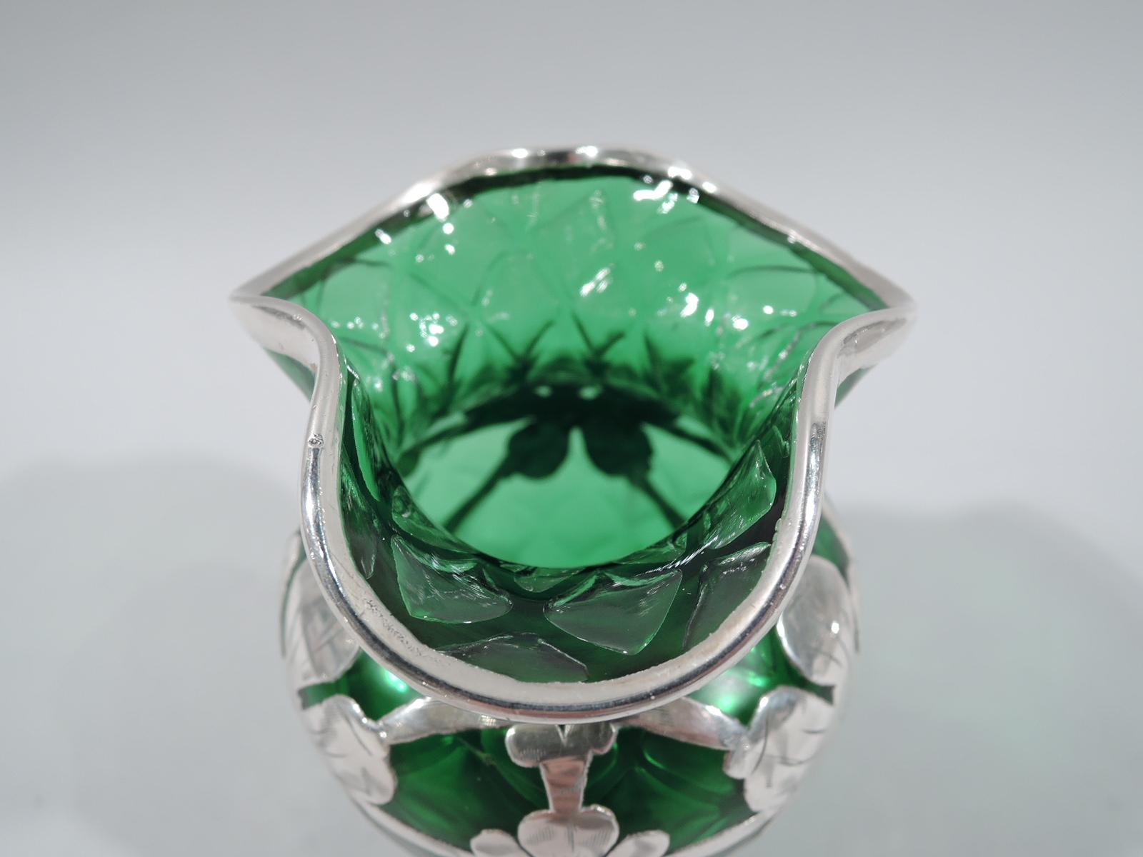 Czech Art Nouveau Green Quilted Glass Silver Overlay Bud Vase by Historic Loetz