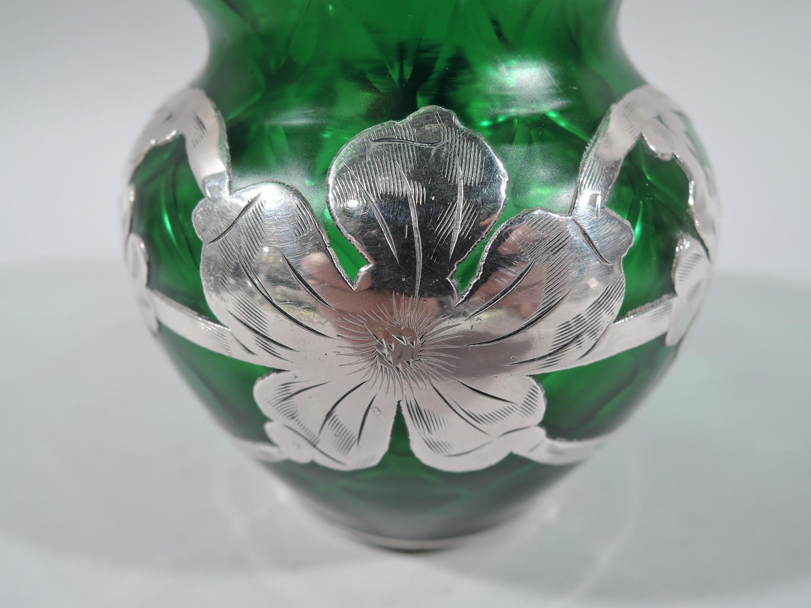 Art Nouveau Green Quilted Glass Silver Overlay Bud Vase by Historic Loetz In Excellent Condition In New York, NY
