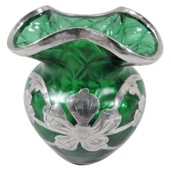 Art Nouveau Green Quilted Glass Silver Overlay Bud Vase by Historic Loetz