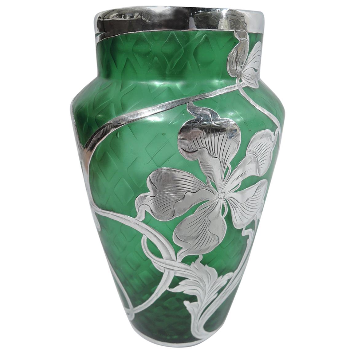 Art Nouveau Green Quilted Glass Silver Overlay Vase by Loetz For Sale