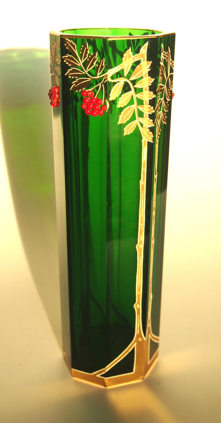 Art Nouveau Bohemian Green Riedel Glass Vase with Applied Red Beads at