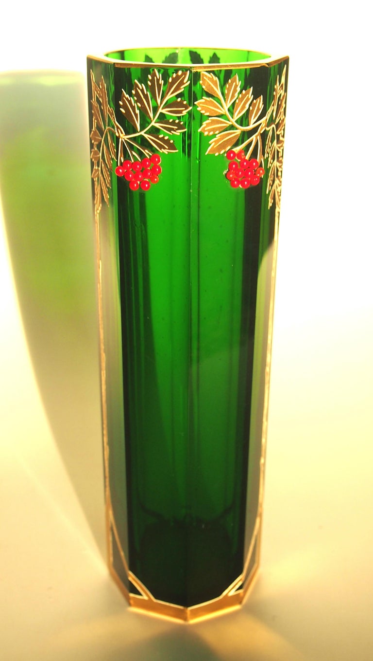 Art Nouveau Bohemian Green Riedel Glass Vase with Applied Red Beads at