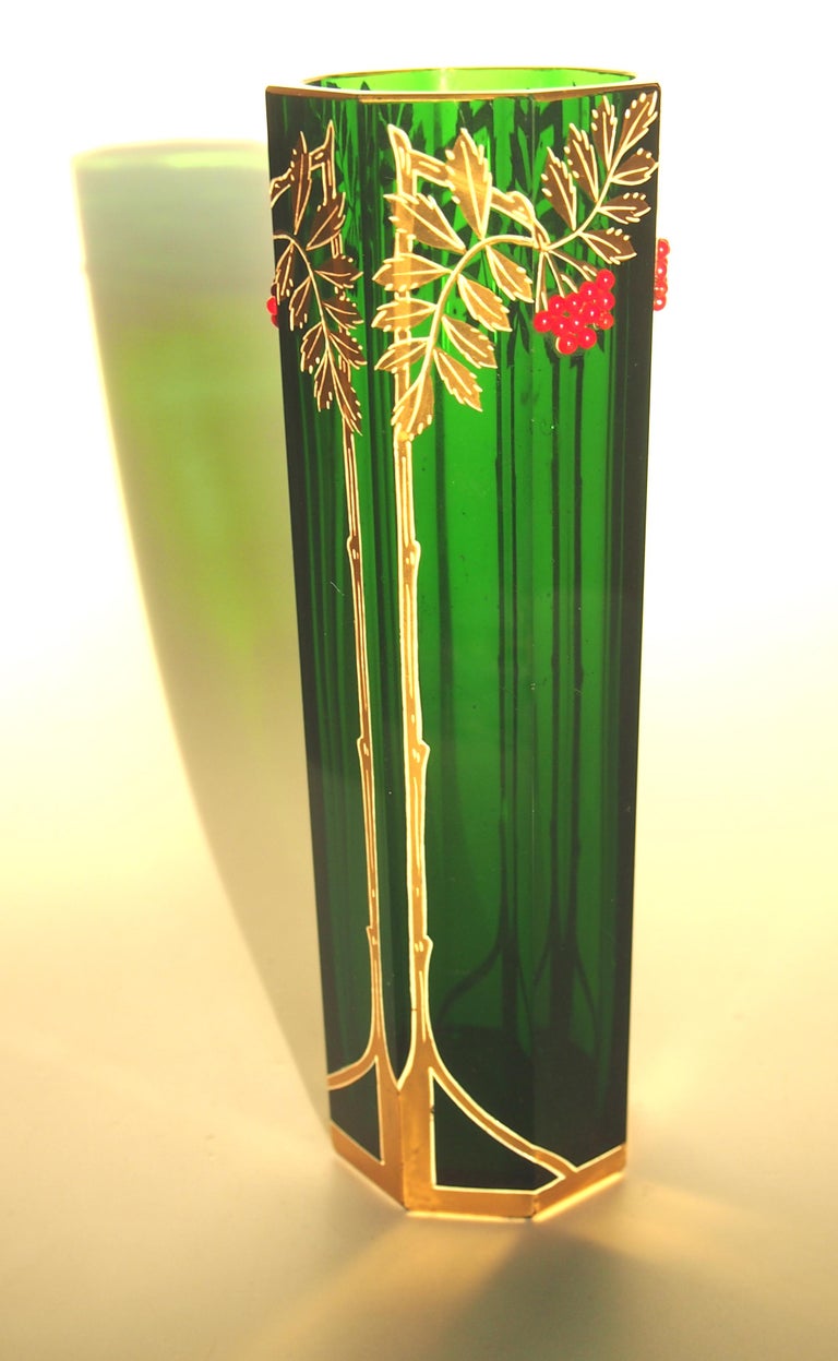 Art Nouveau Bohemian Green Riedel Glass Vase with Applied Red Beads at