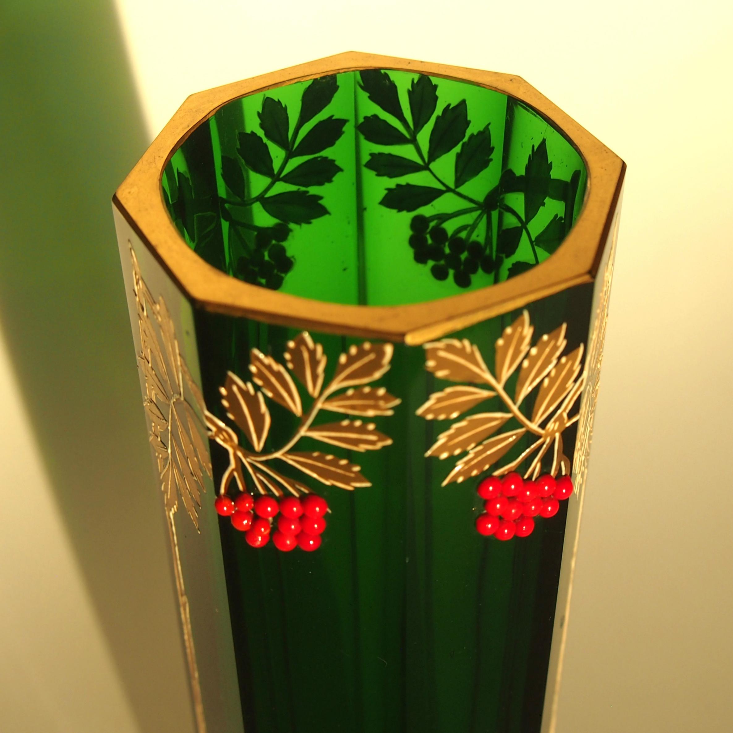 Czech Art Nouveau Bohemian Green Riedel Glass Vase with Applied Red Beads