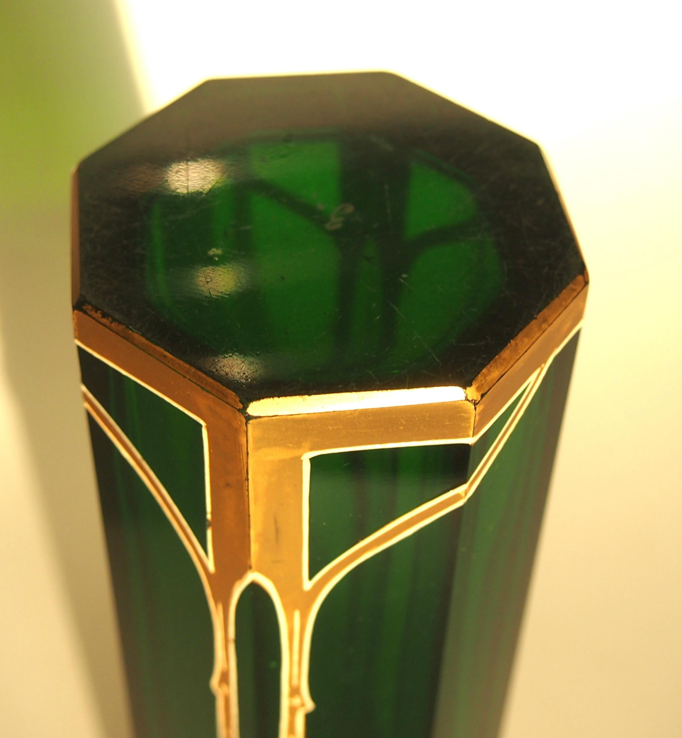 Art Nouveau Bohemian Green Riedel Glass Vase with Applied Red Beads In Good Condition In London, GB